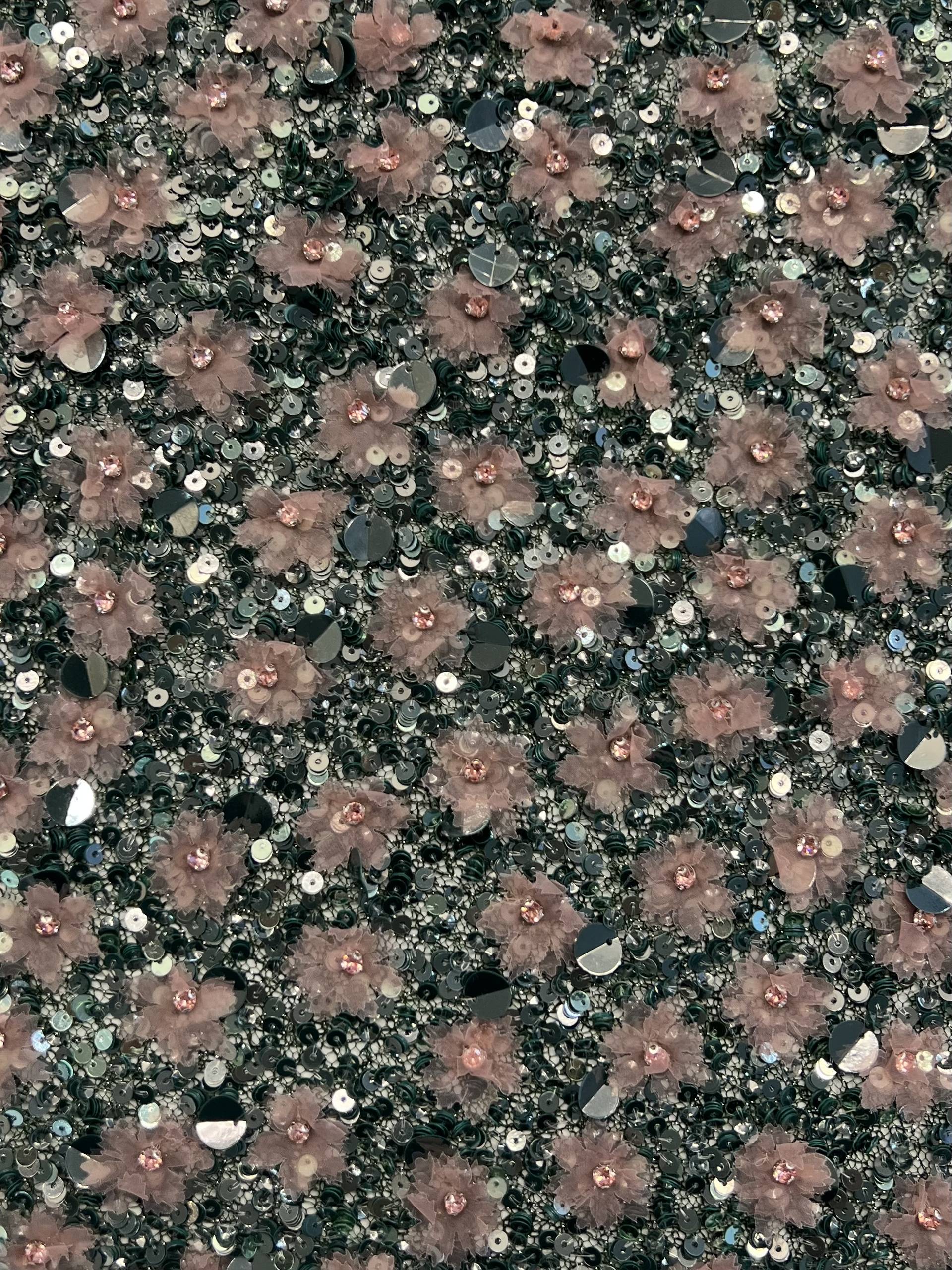 Metallic Novelty Green Net with Hand Sewn Sequin & Paillettes and Laser Cut Pink Flowers.