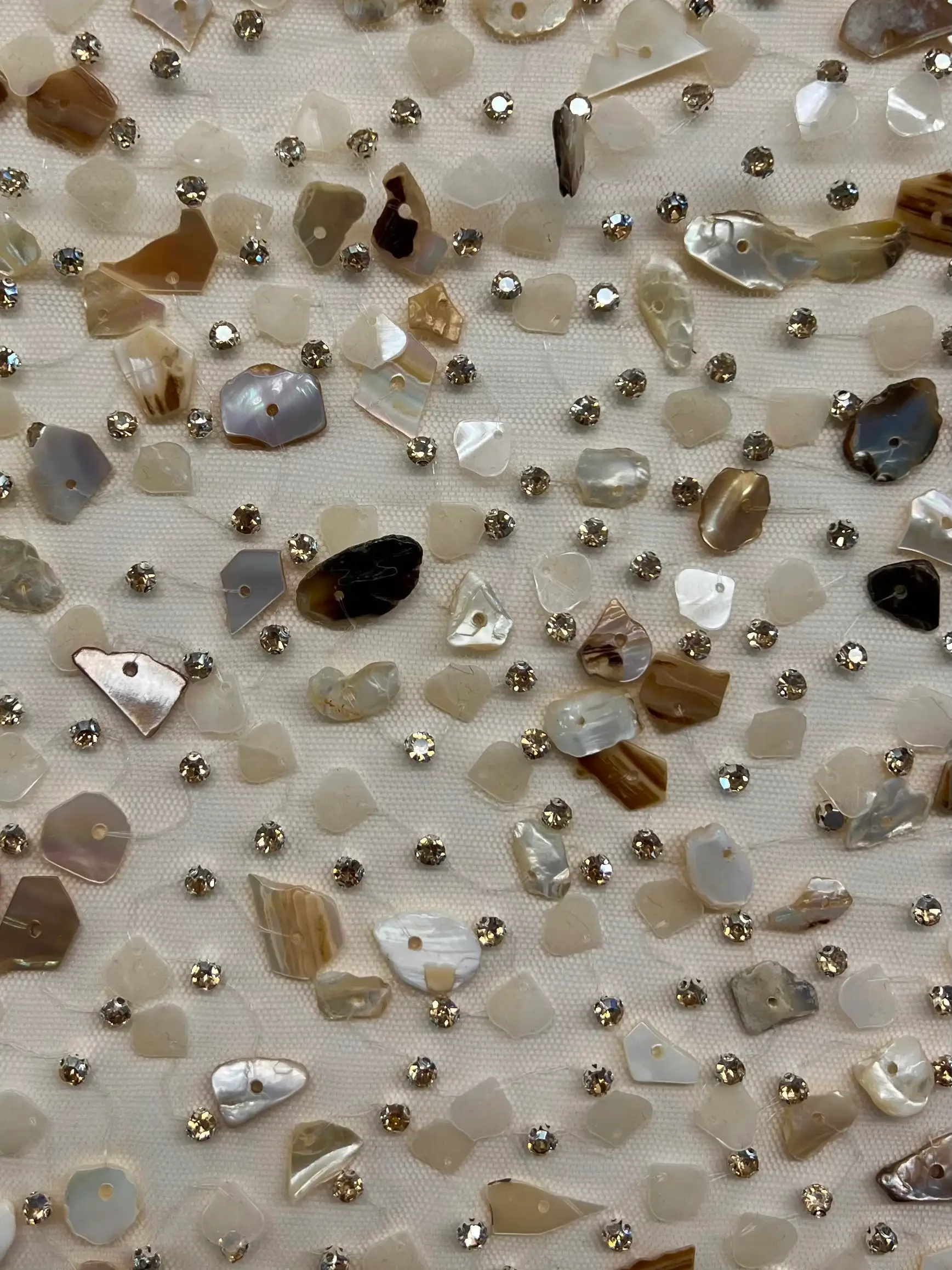 Mother of Pearl, Abalone Shells and Crystals on Nude Tulle