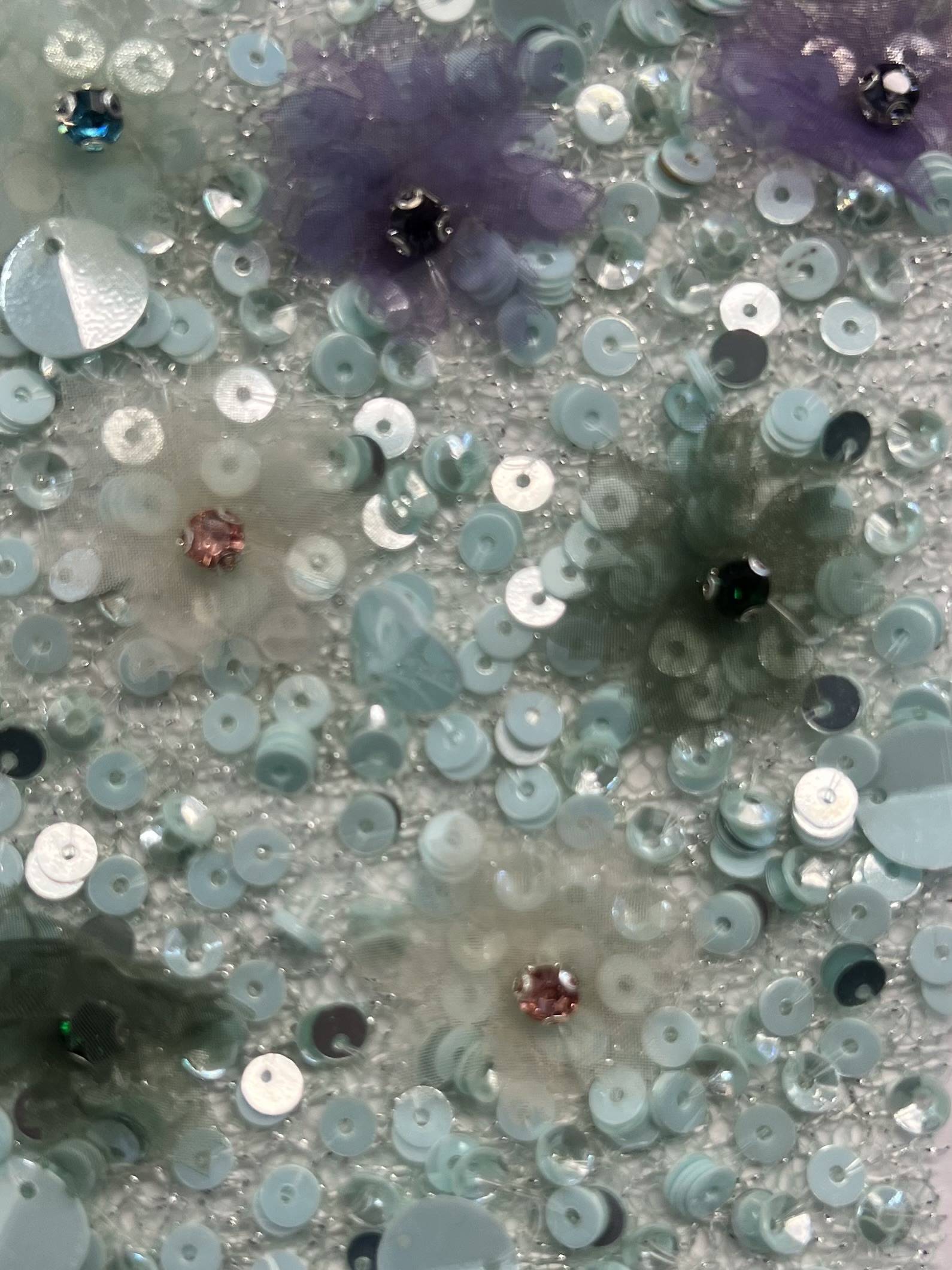 Metallic Novelty Silver Net with Hand Sewn Sequin & Paillettes and Laser Cut Sage, Lavender & Pink Flowers.
