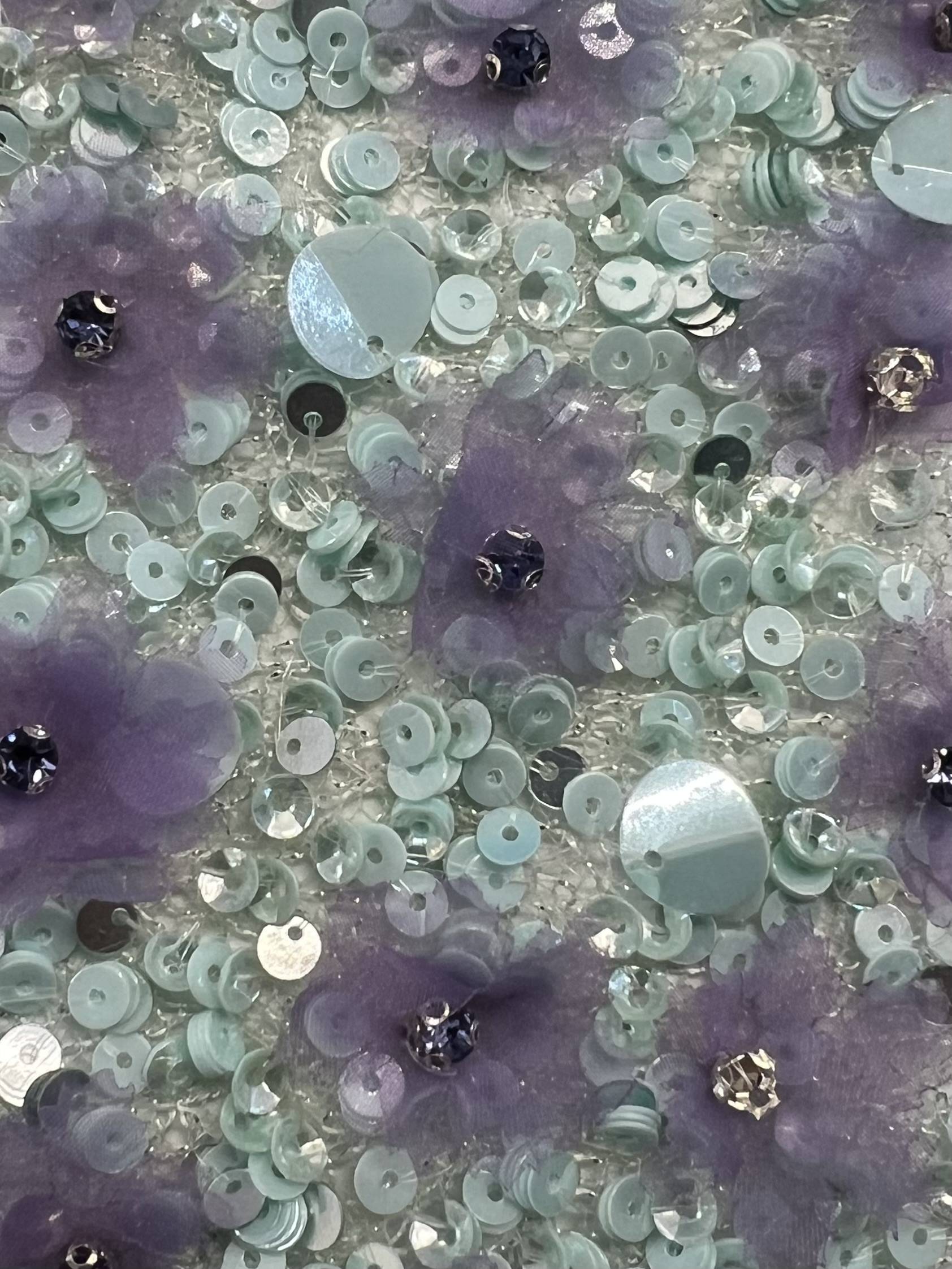 Metallic Novelty Green Net with Hand Sewn Sequin & Paillettes and Laser Cut Lavender Flowers.