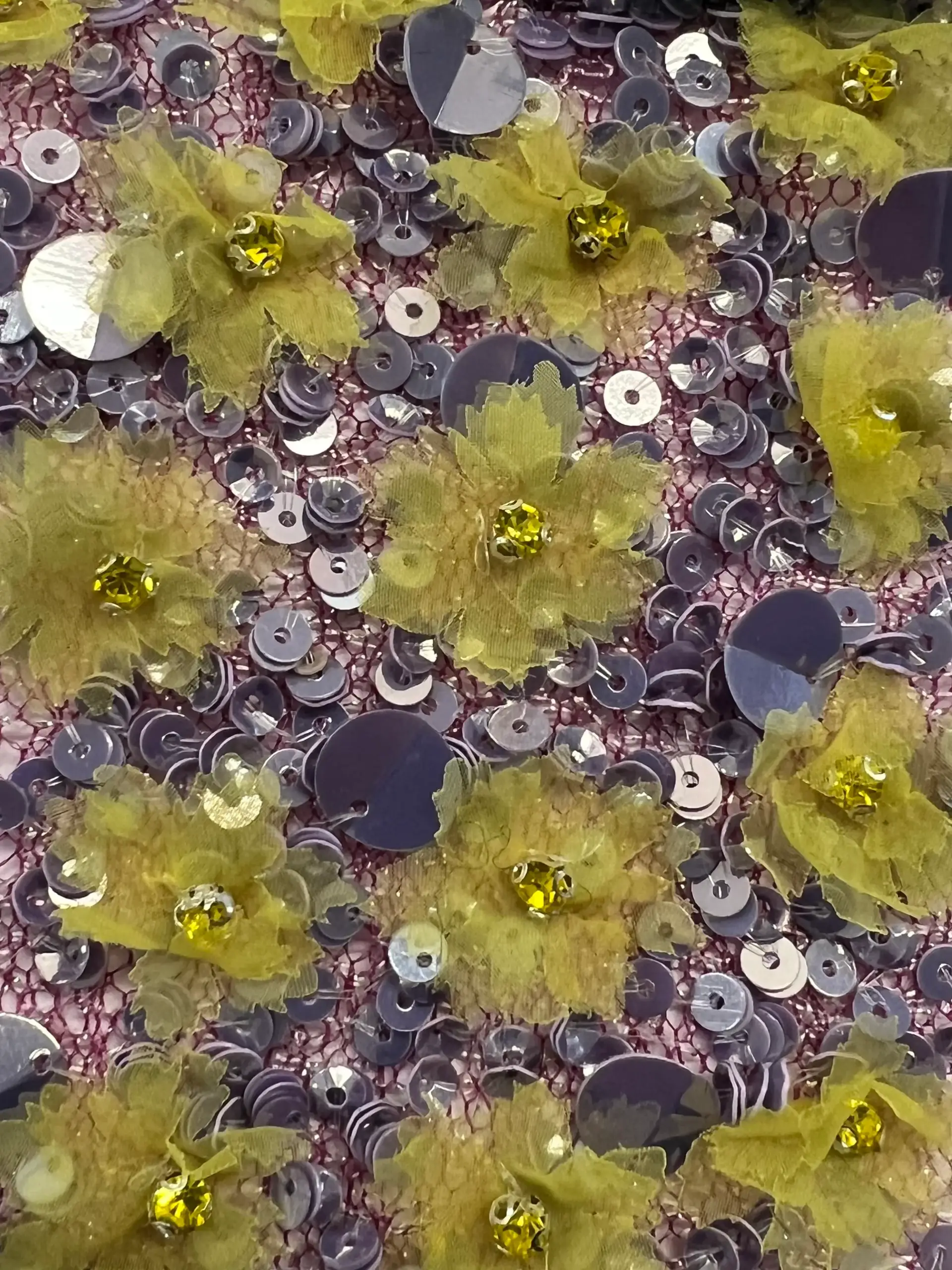 Metallic Novelty Magenta Net with Hand Sewn Sequin & Paillettes and Laser Cut Chartreuse Flowers.