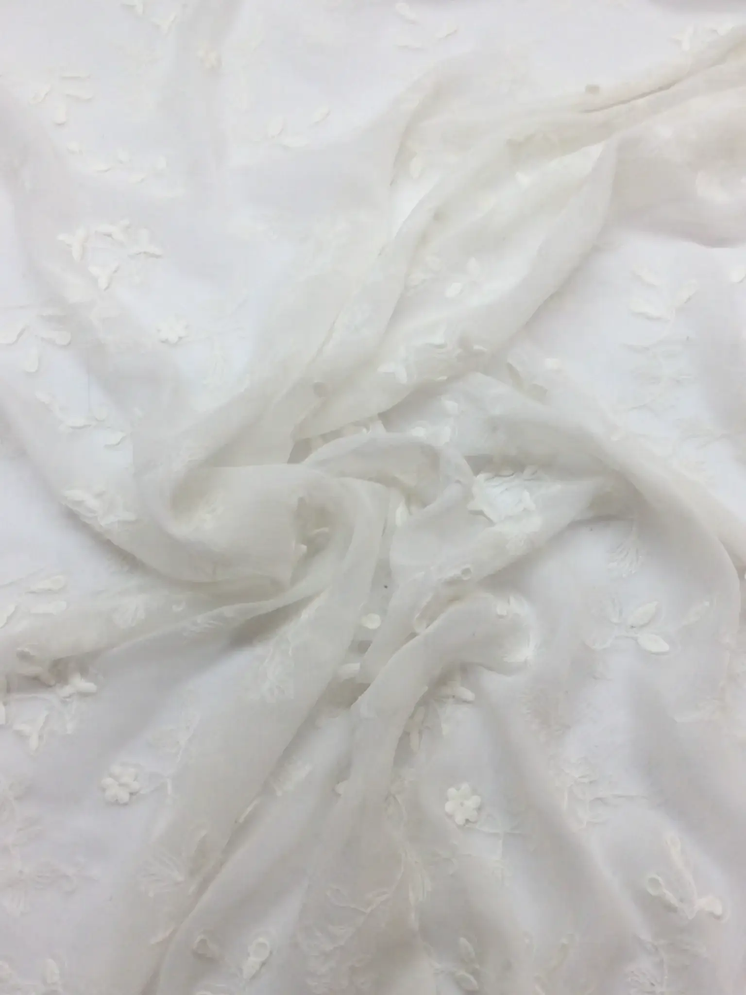 Embroidered Crinkled Silk Chiffon in Off White