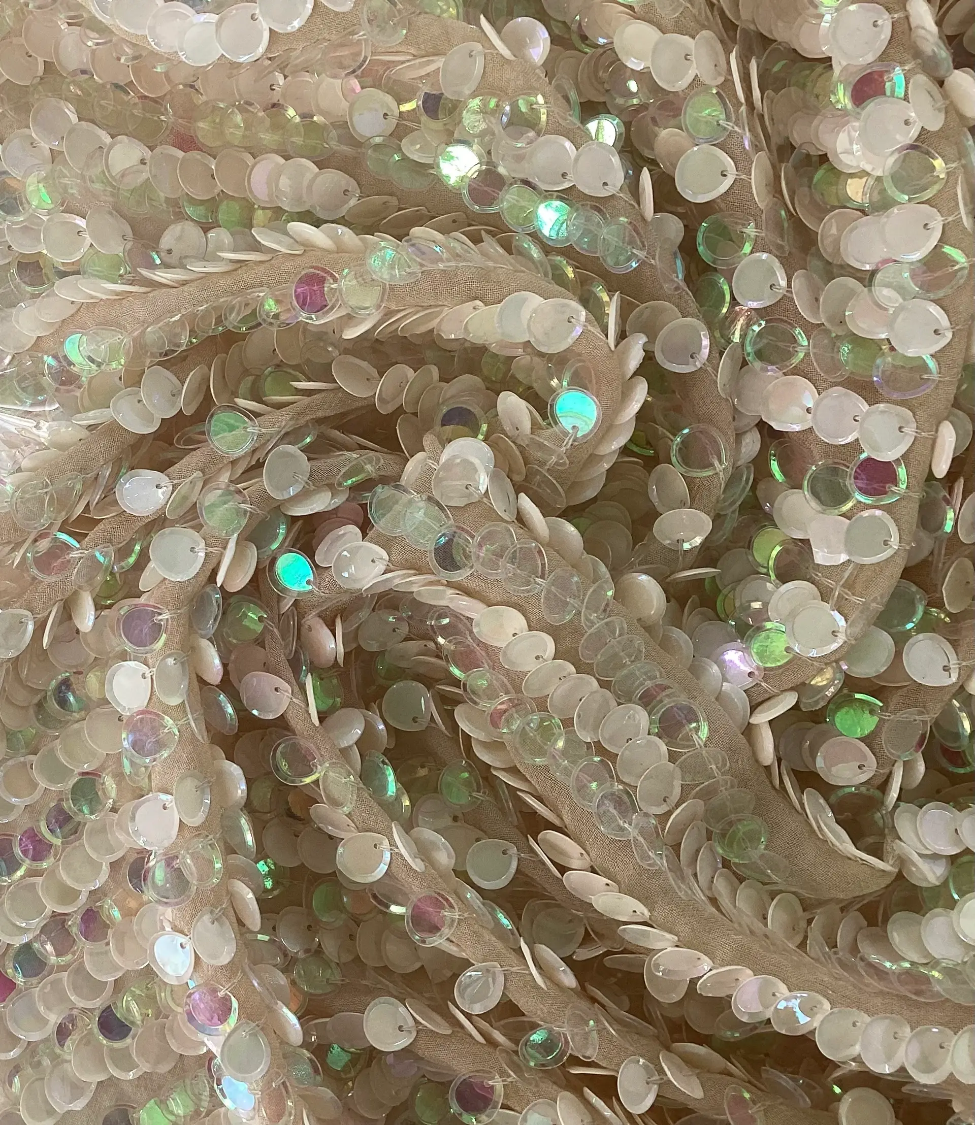 Rows of Opalescent and Ivory Pailettes on Silk Chiffon In Ballerina