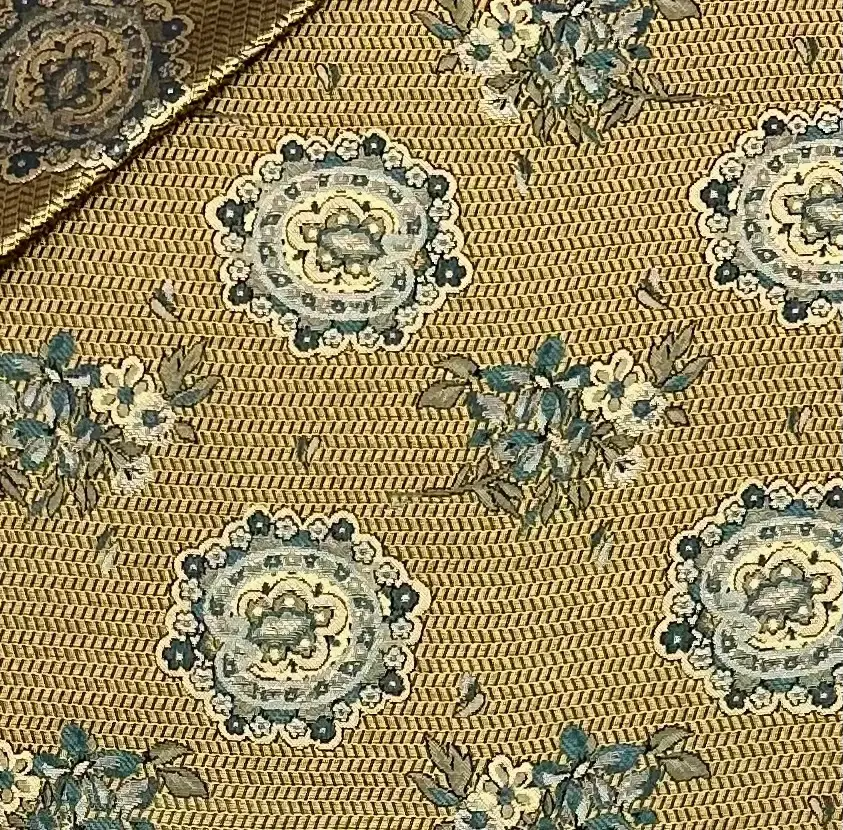 Italian Silk Tie Floral Brocade in Antique Gold Ground with Teal 