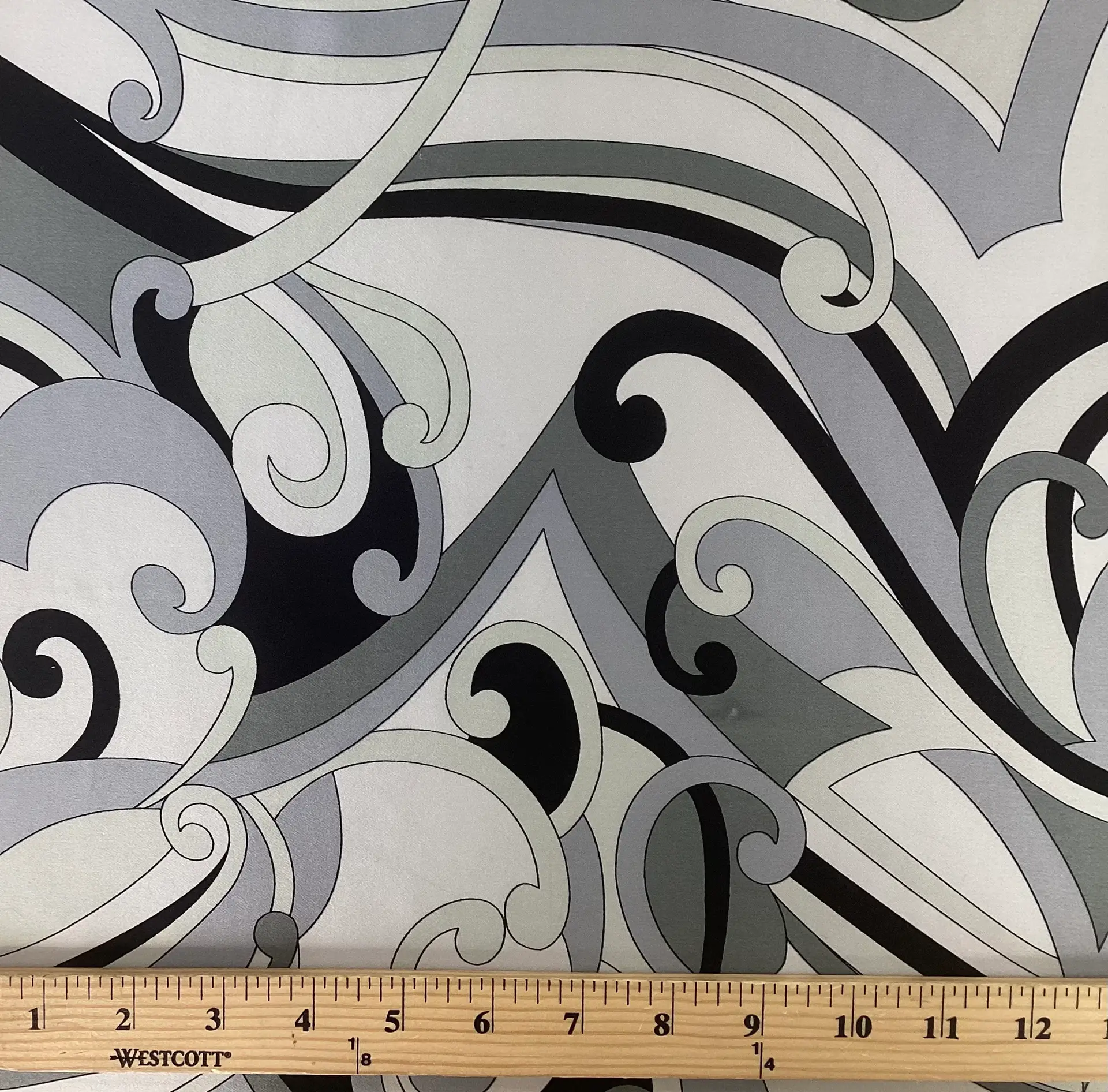 Printed Silk Charmeuse Paisley in Greys Black & White