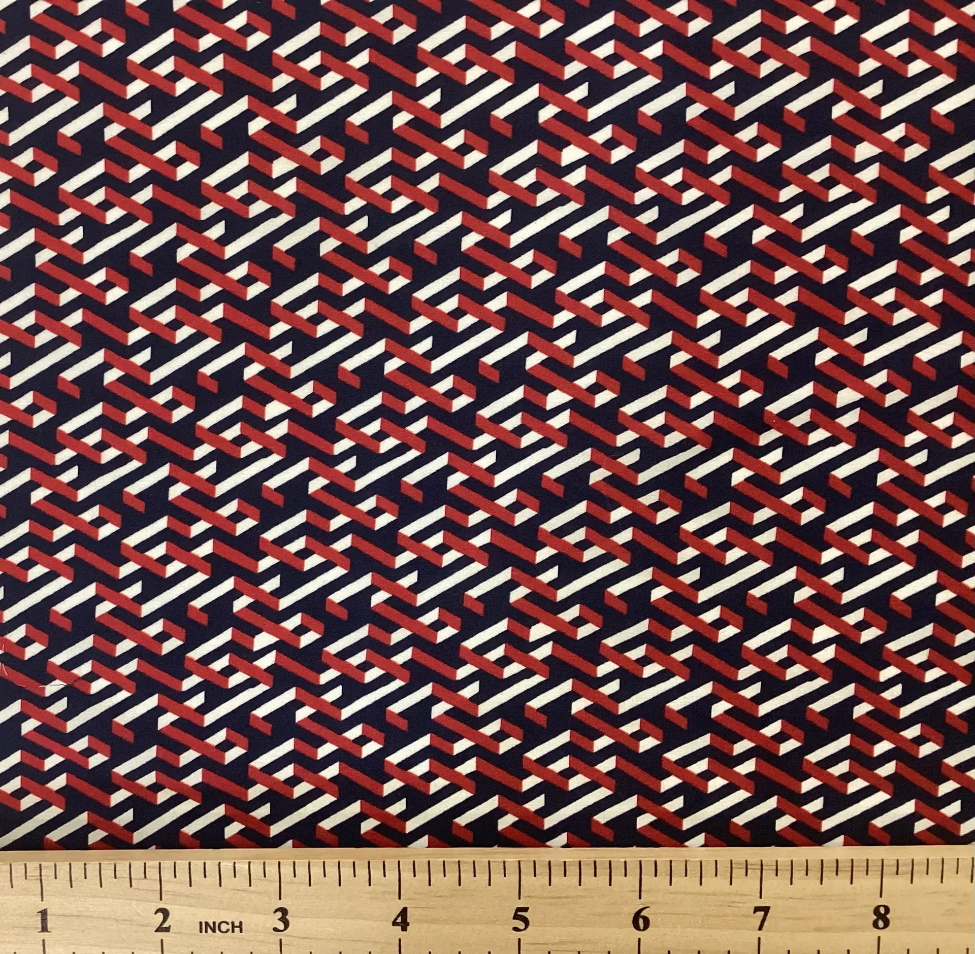 100% Silk Charmeuse Geometric Printed In Red White & Blue