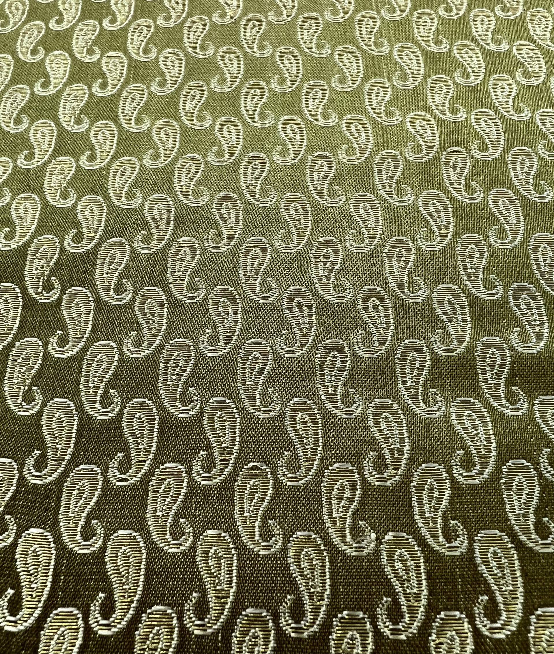 Silk Metallic Small Paisley Brocade in Green & Antique Gold