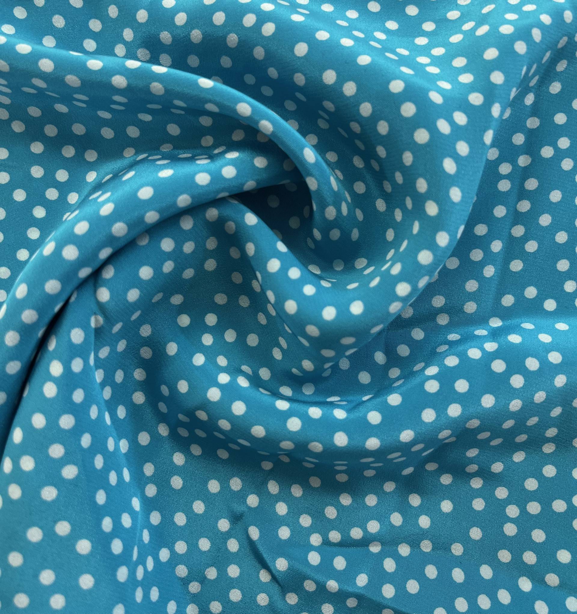 Printed Silk Crepe de Chine in Aqua Blue & White Dots