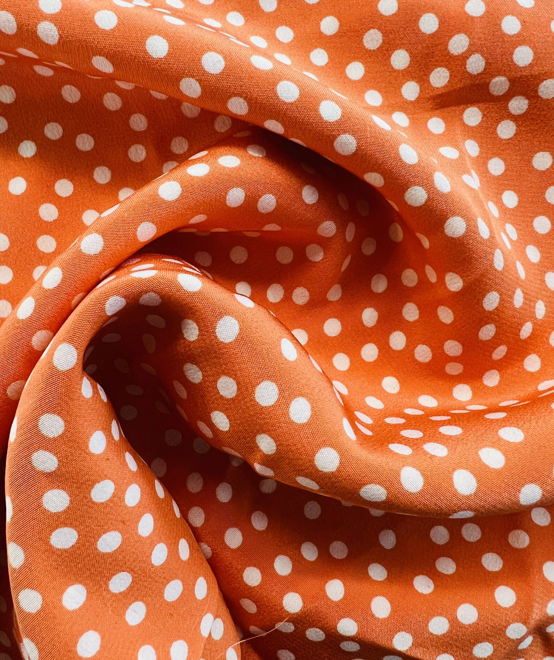 Printed Silk Crepe de Chine in Tangerine & White Dots