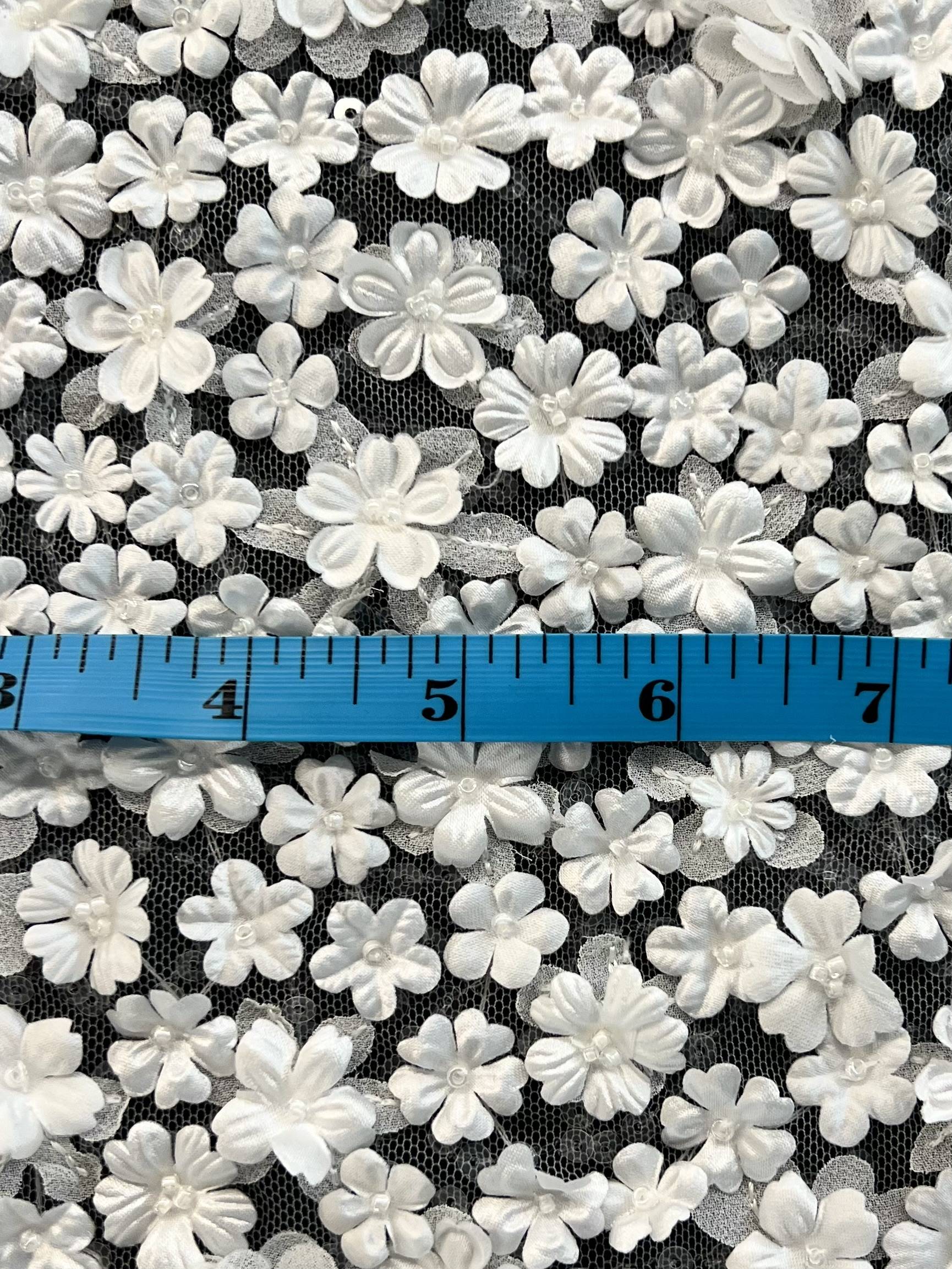 3D Appliqué Flowers and Sequins on Tulle in White