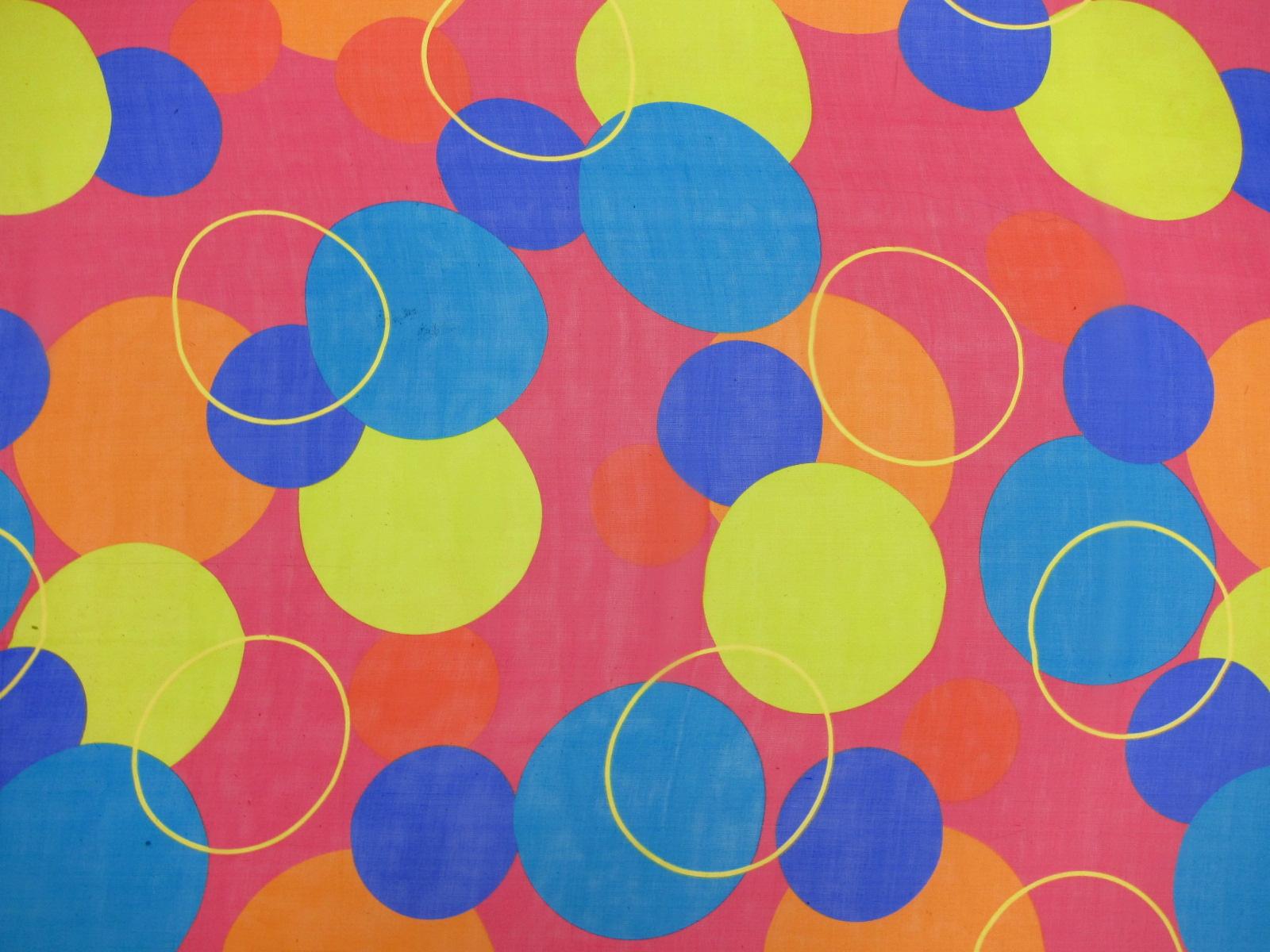 Printed Silk Chiffon Blue Green Orange Dots Yellow Circle Outlining On Pink Background
