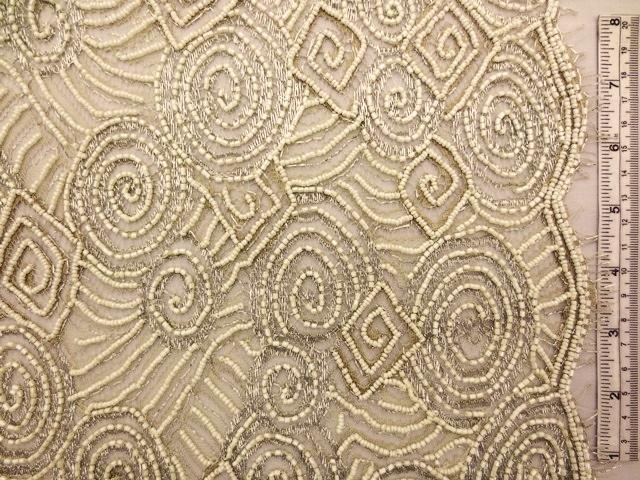 Double scallop silver and cream geometric beaded metallic French Chantilly Lace