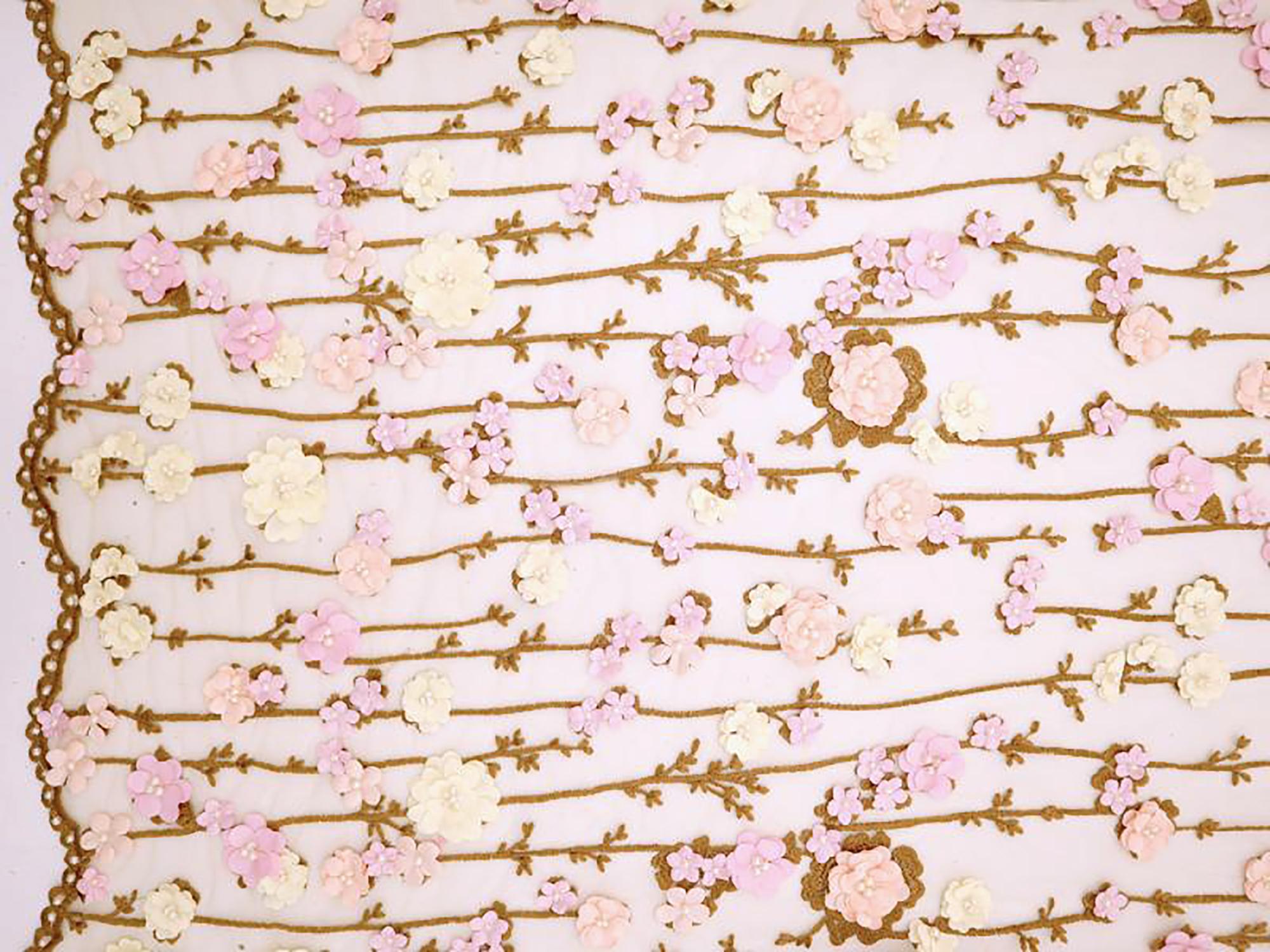 Embroidered Illusion with Floral Appliques in Brown and Pink