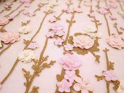 Embroidered Illusion with Floral Appliques in Brown and Pink