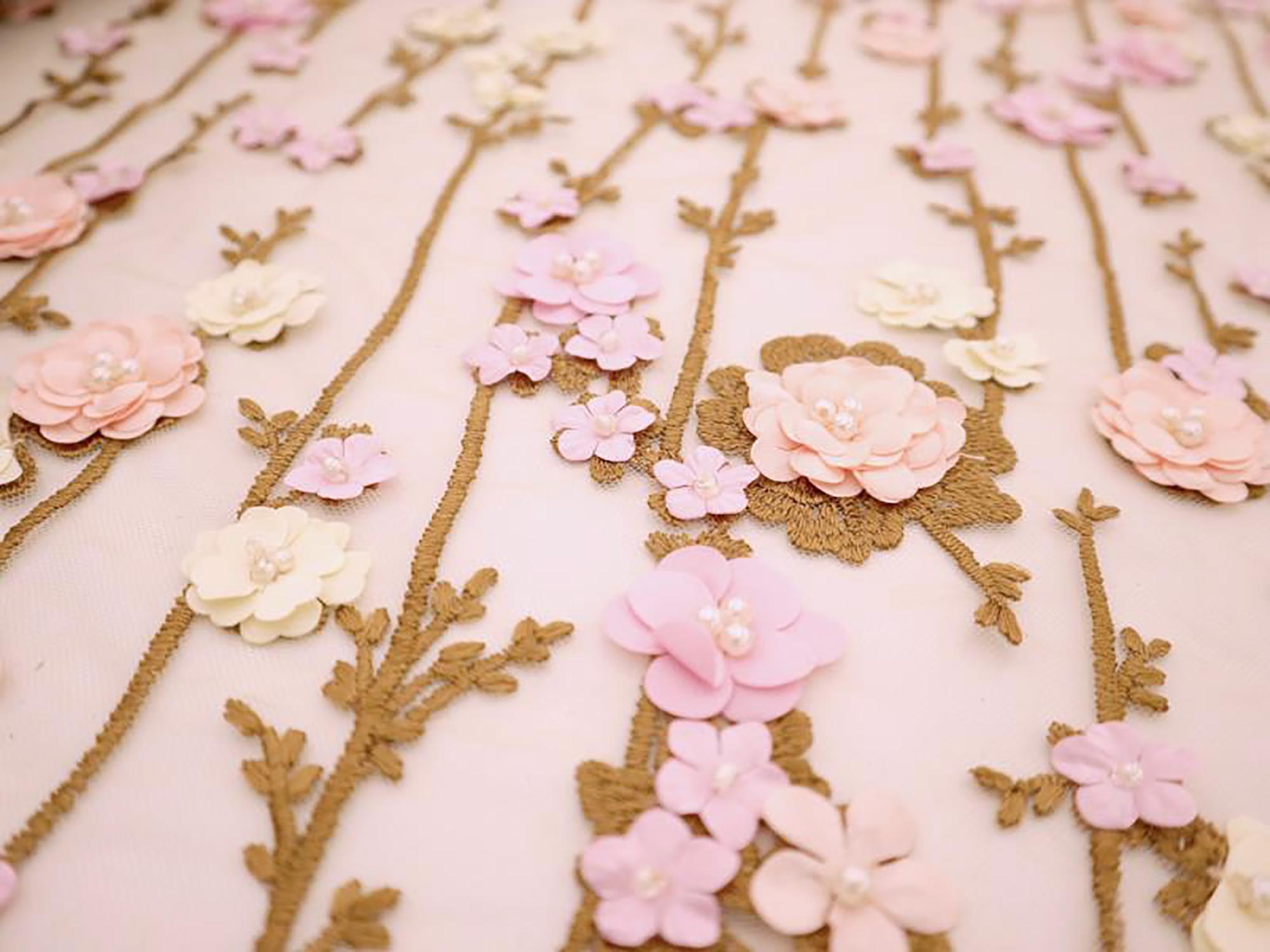 Embroidered Illusion with Floral Appliques in Brown and Pink