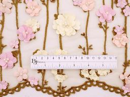 Embroidered Illusion with Floral Appliques in Brown and Pink