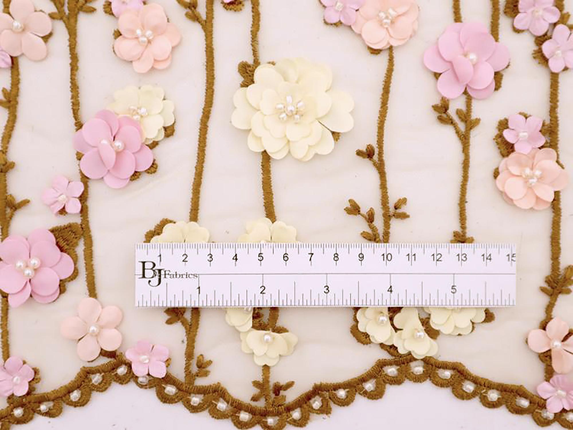 Embroidered Illusion with Floral Appliques in Brown and Pink