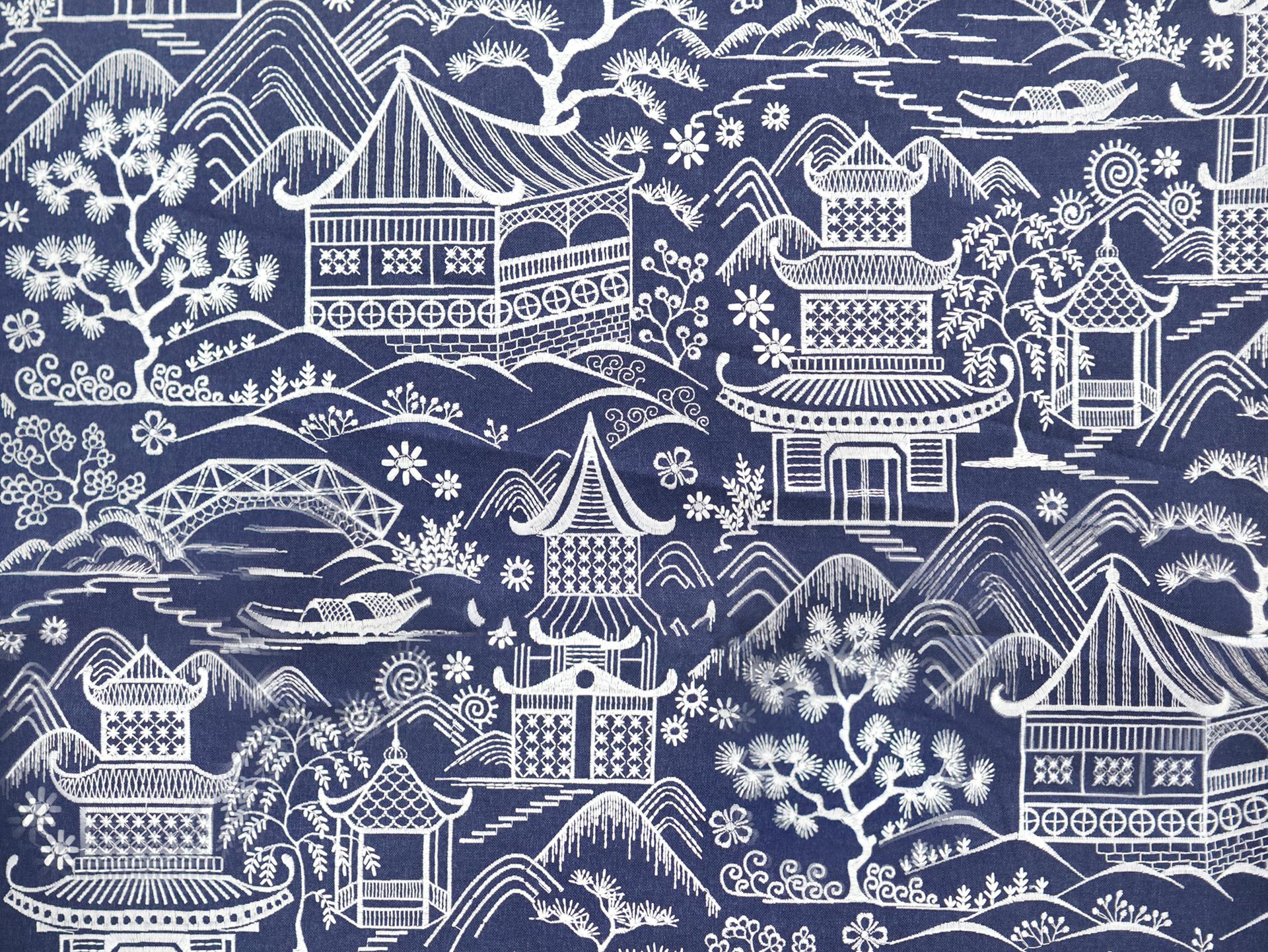 Embroidered Poly Cotton Upholstery in Indigo
