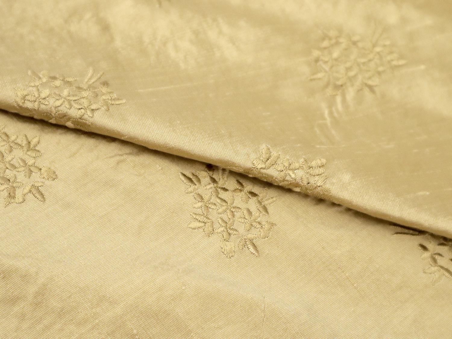 Embroidered Silk Shantung with Mini Bouquets in Light Gold