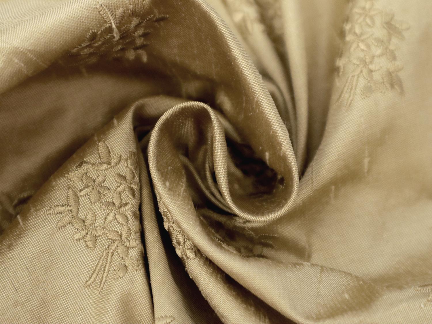 Embroidered Silk Shantung with Mini Bouquets in Light Gold