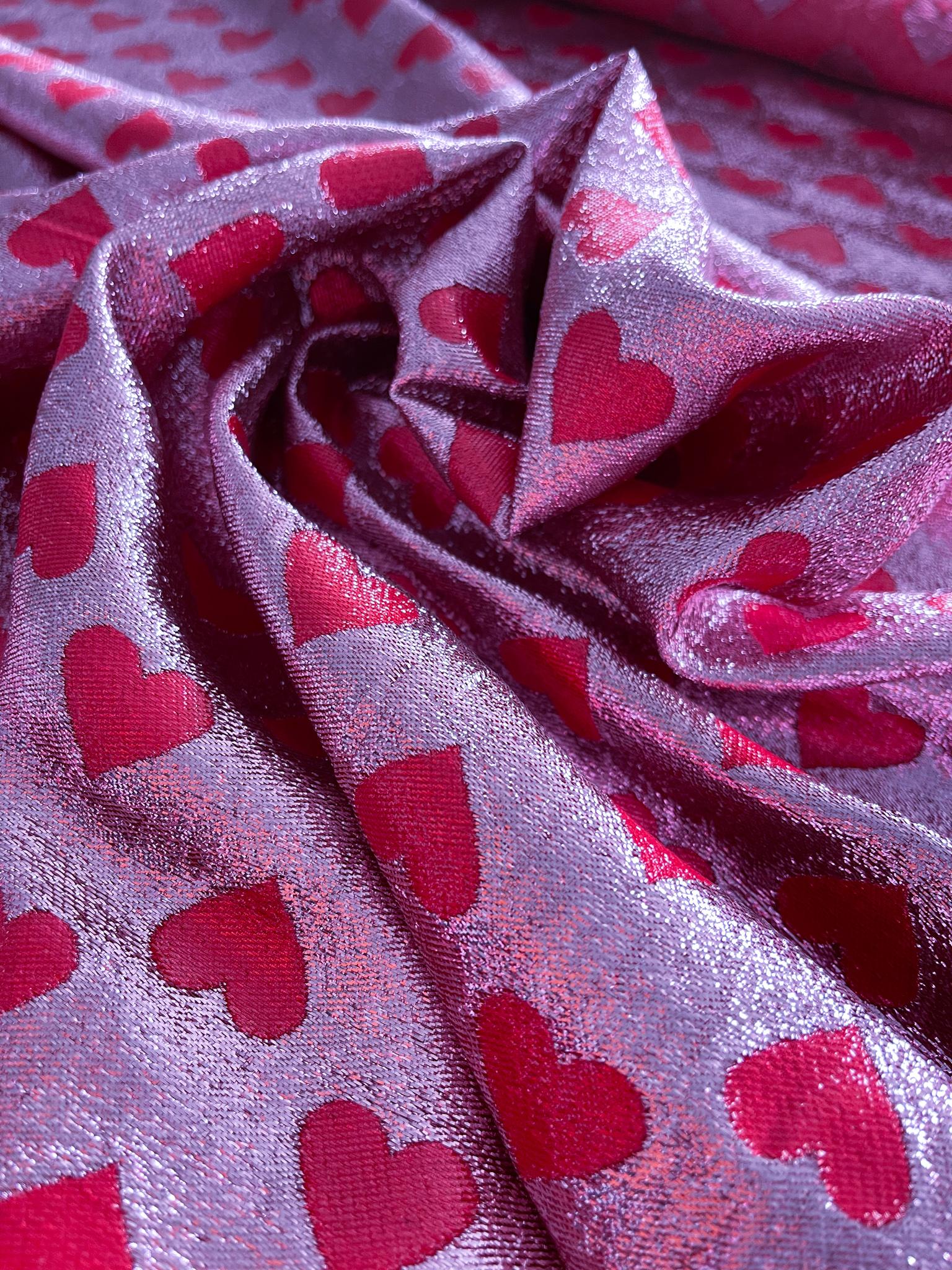 Silk Lurex Red Hearts on Pink