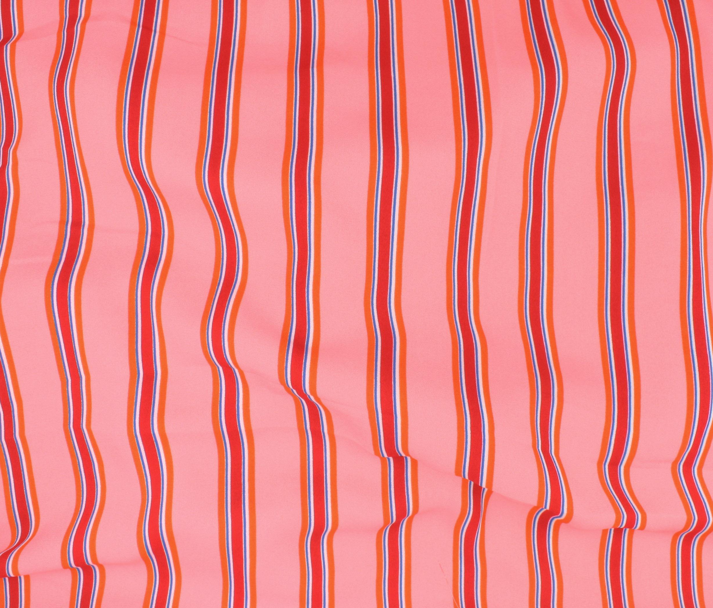 Printed Striped Polyester Crepe in Coral & Red