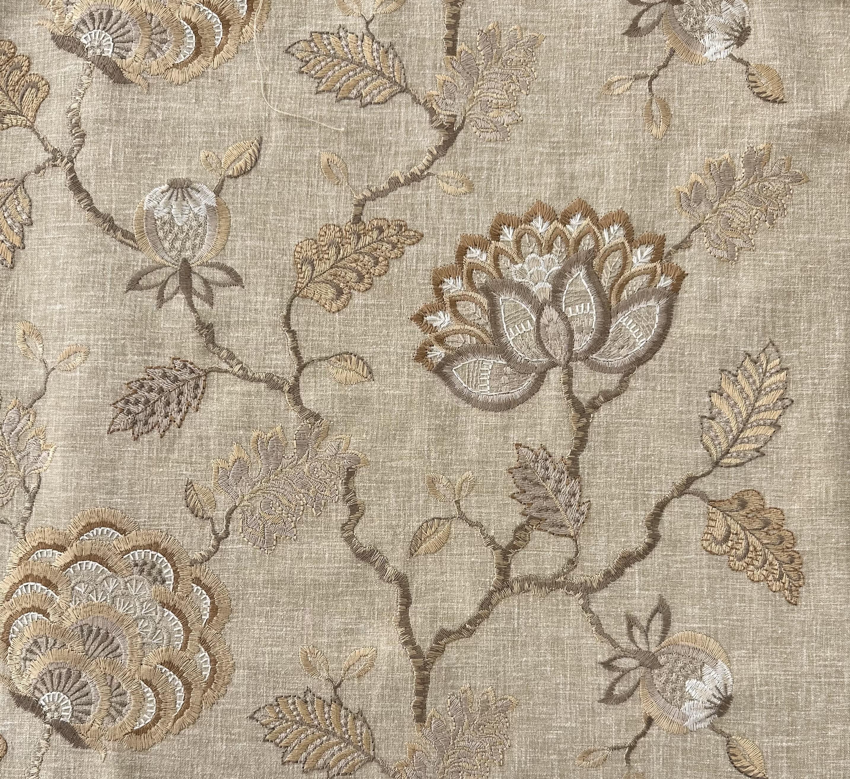 Poly Cotton Upholstery with Floral Embroidery in Linen