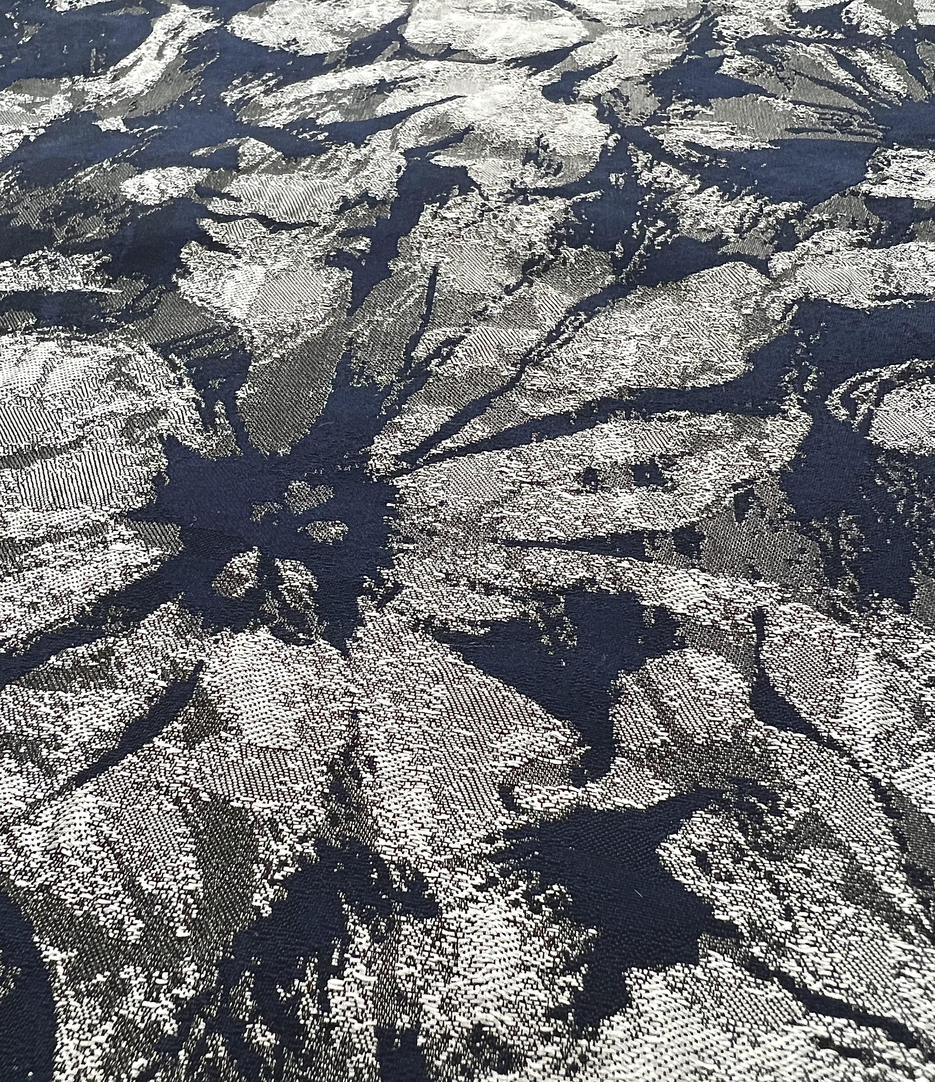 Polyester Jacquard Brocade in Navy & Silver