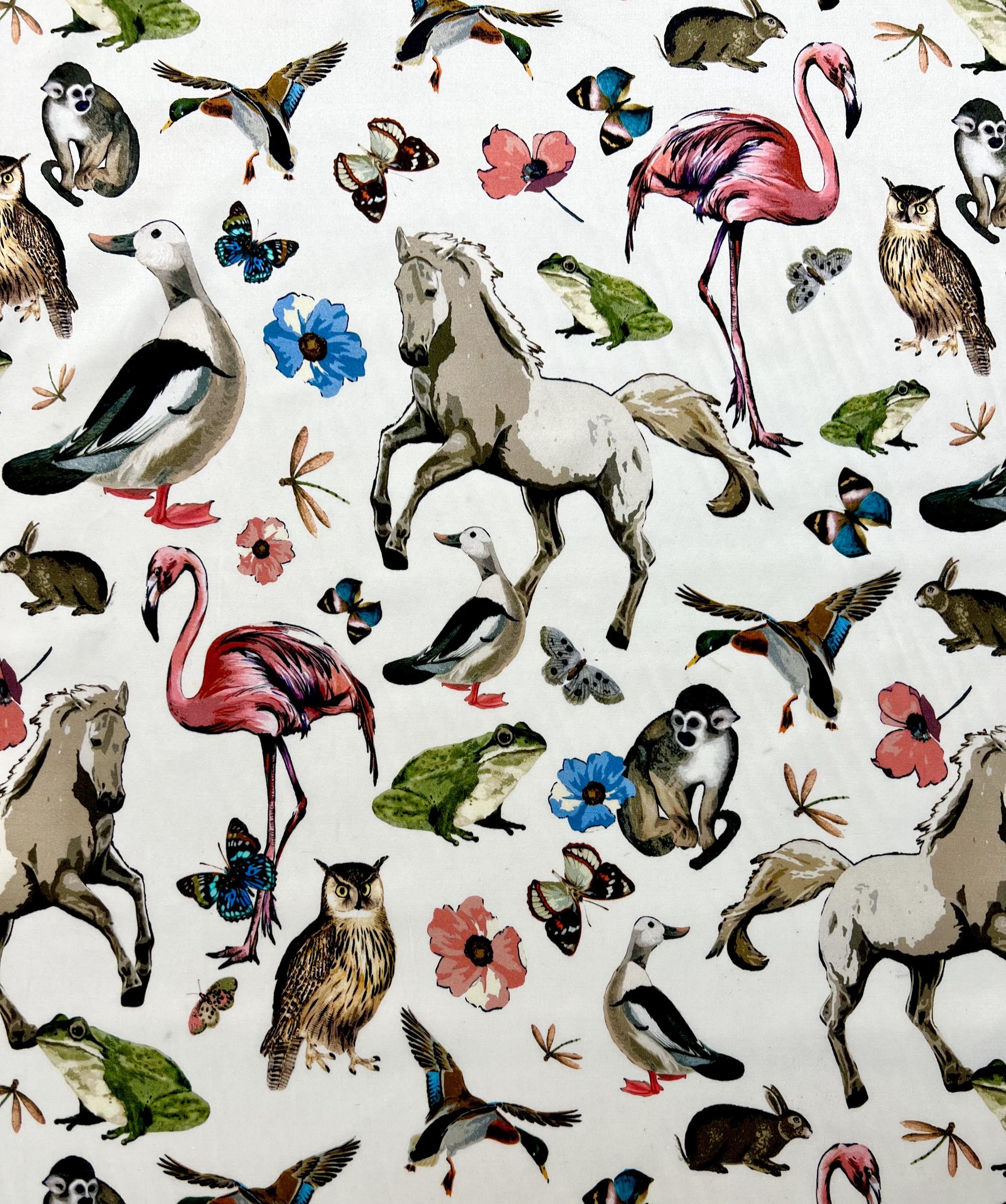 MADE IN ITALY SILK//COTTON/SPANDEX MONKEY PRINTED CHARMEUSE ANIMAL FLORAL ON WHITE GREY BACKGROUND
