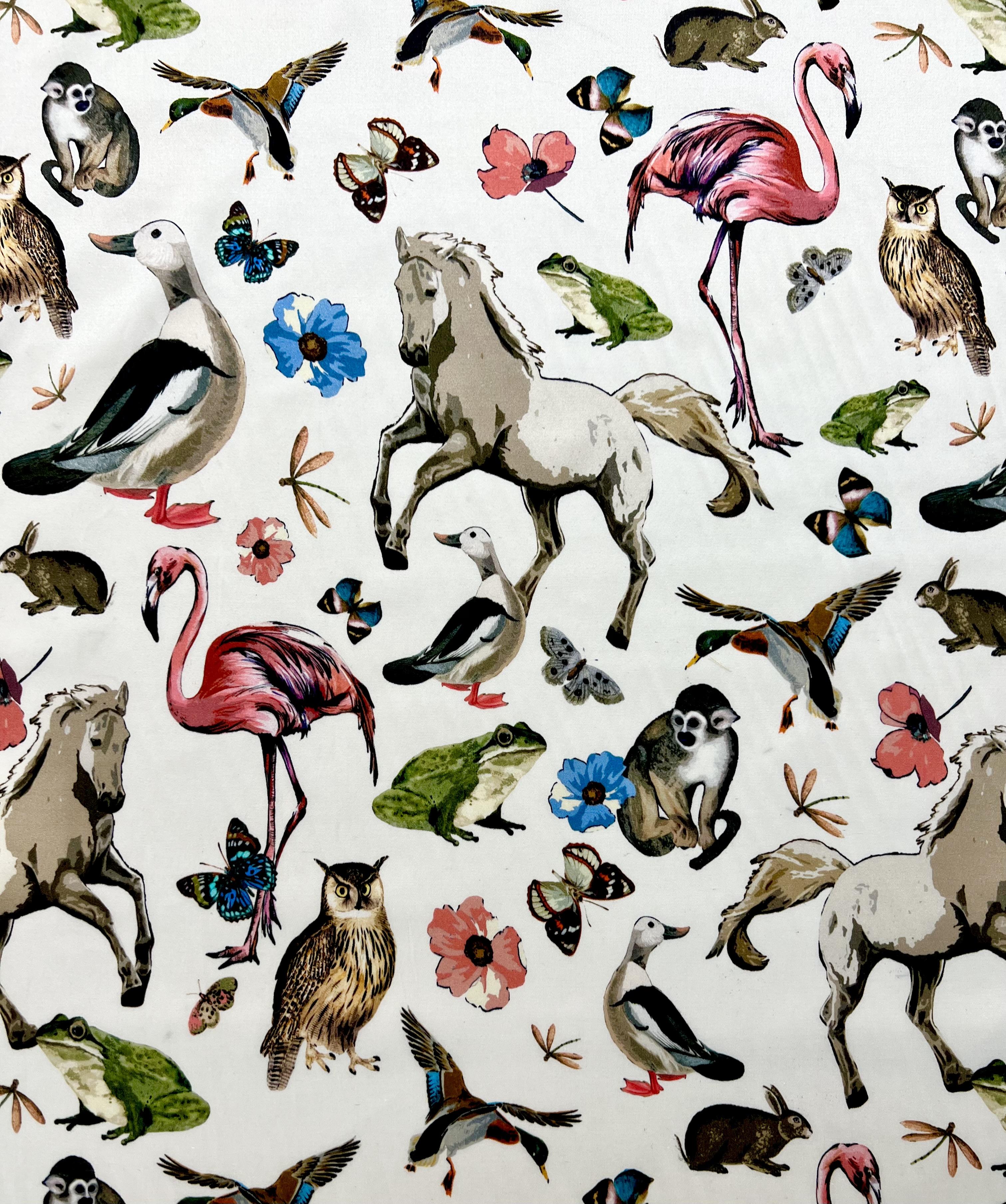 MADE IN ITALY SILK//COTTON/SPANDEX MONKEY PRINTED CHARMEUSE ANIMAL FLORAL ON WHITE GREY BACKGROUND