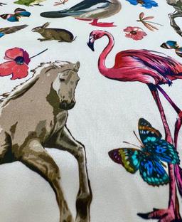 MADE IN ITALY SILK//COTTON/SPANDEX MONKEY PRINTED CHARMEUSE ANIMAL FLORAL ON WHITE GREY BACKGROUND