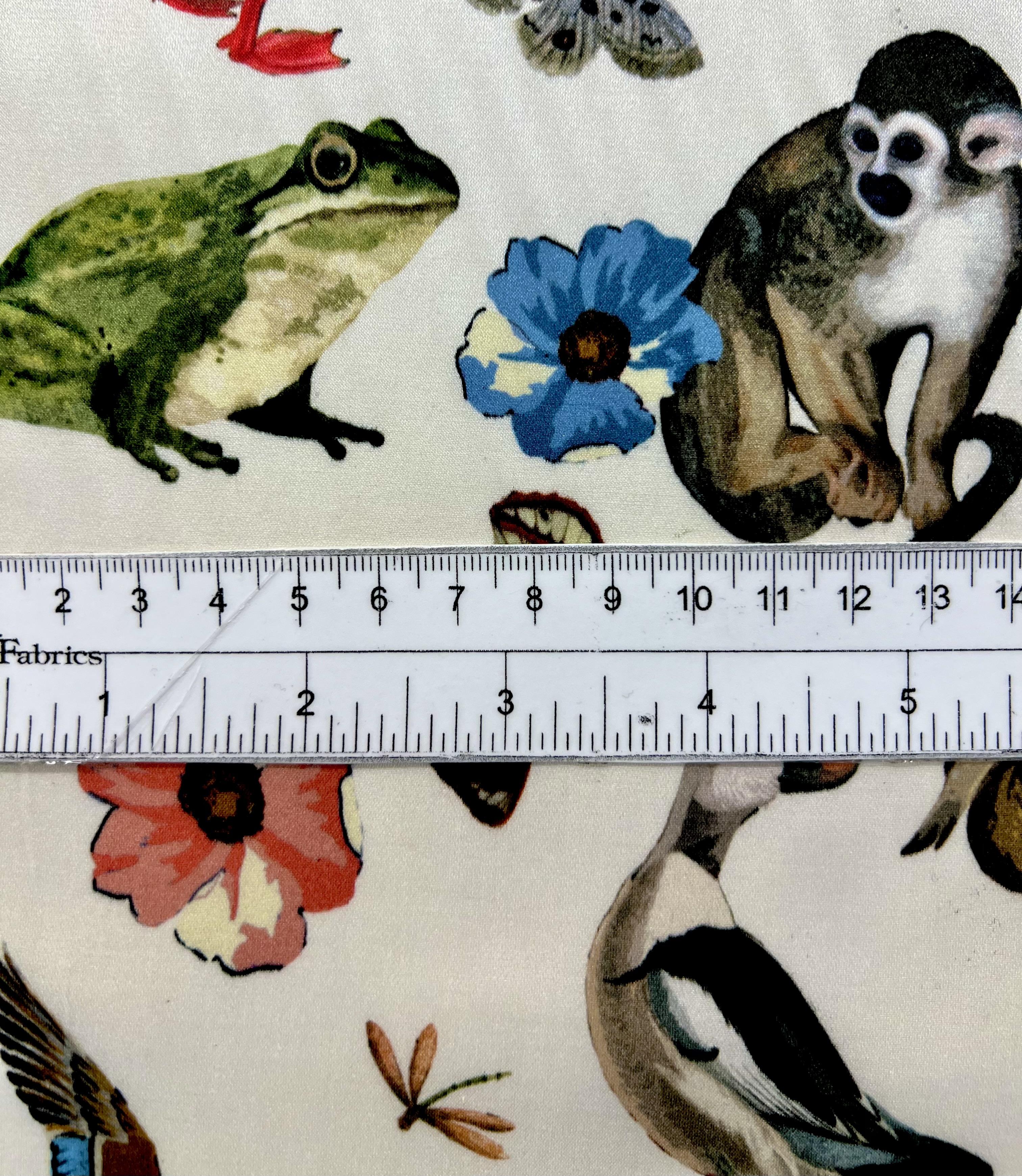 MADE IN ITALY SILK//COTTON/SPANDEX MONKEY PRINTED CHARMEUSE ANIMAL FLORAL ON WHITE GREY BACKGROUND
