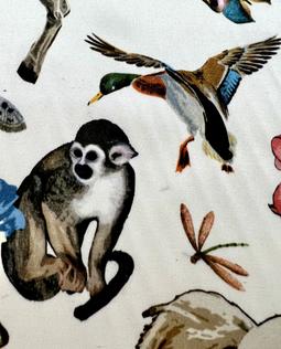 MADE IN ITALY SILK//COTTON/SPANDEX MONKEY PRINTED CHARMEUSE ANIMAL FLORAL ON WHITE GREY BACKGROUND