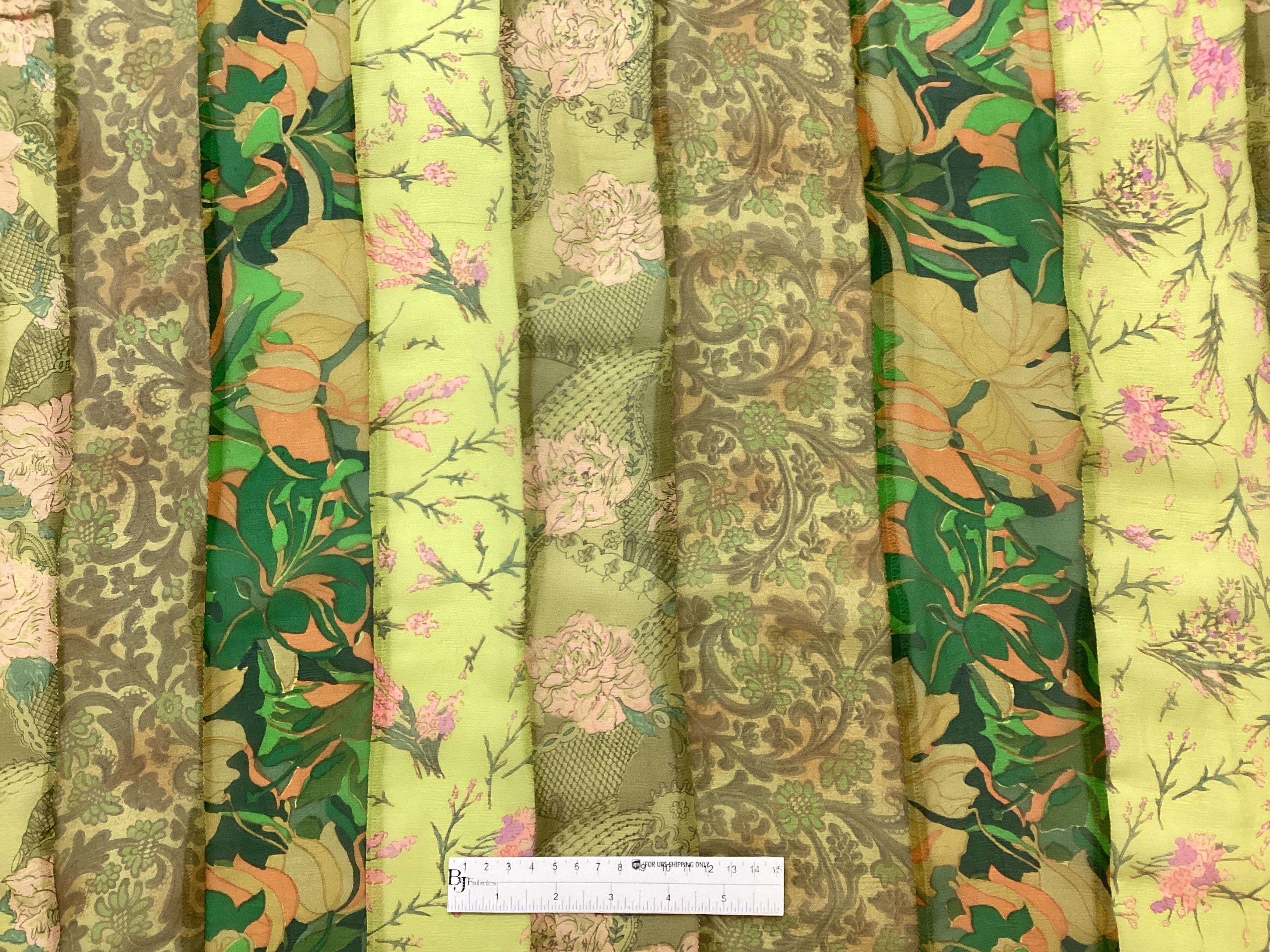 100% Silk Chiffon Strip PieceWork in Greens