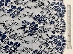 French Navy Blue Alençon Lace with Roses Outlined by White Cordings.