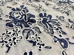 French Navy Blue Alençon Lace with Roses Outlined by White Cordings.