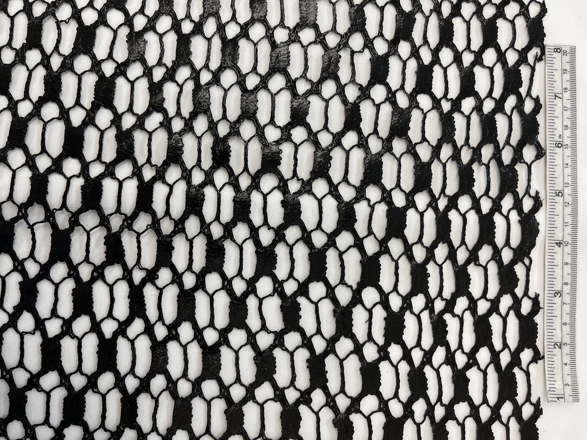 French Leather Look Guipure Lace with Half Inch Rectangles and Spider Web Pattern in Black.