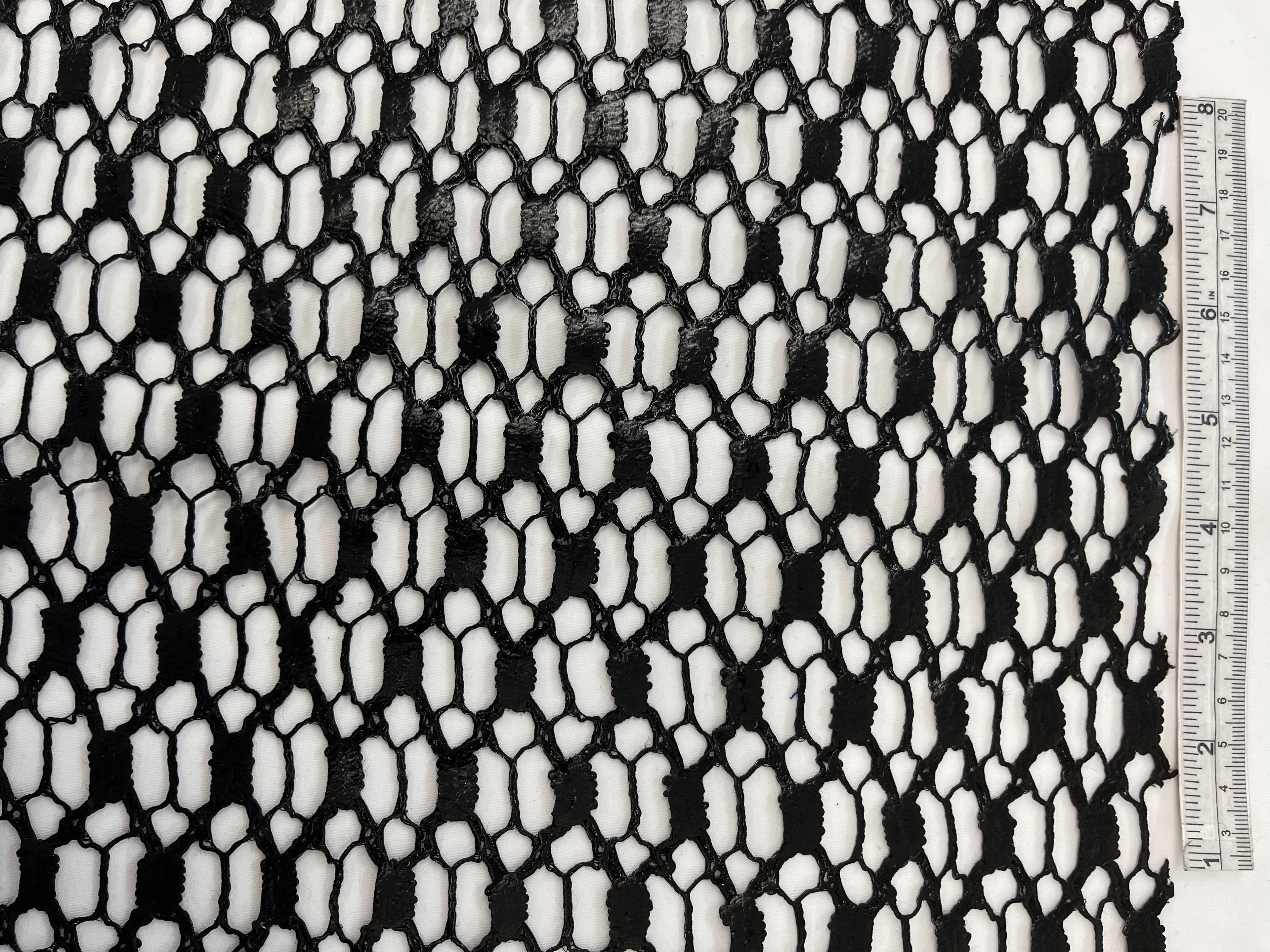 French Leather Look Guipure Lace with Half Inch Rectangles and Spider Web Pattern in Black.