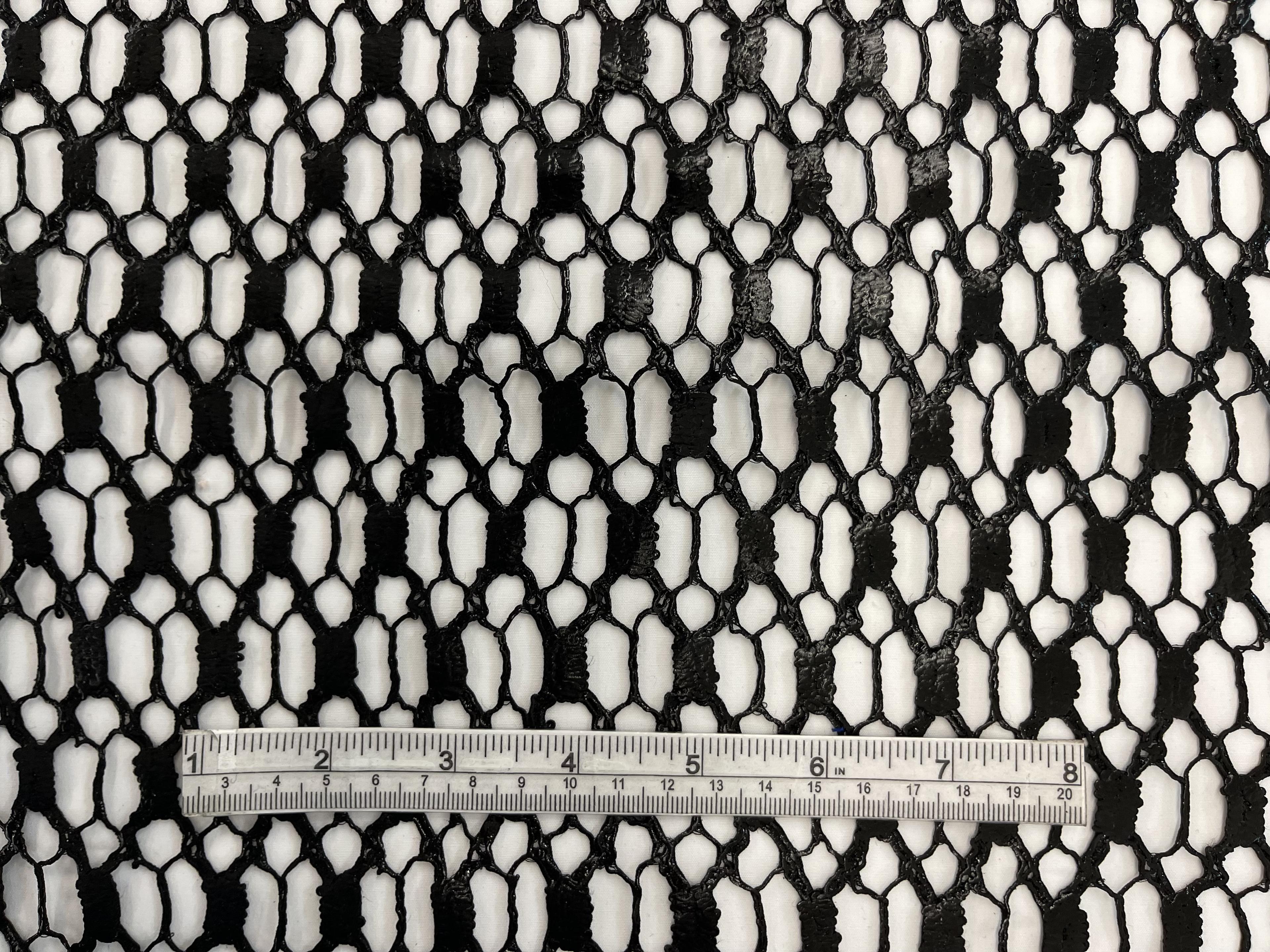 French Leather Look Guipure Lace with Half Inch Rectangles and Spider Web Pattern in Black.