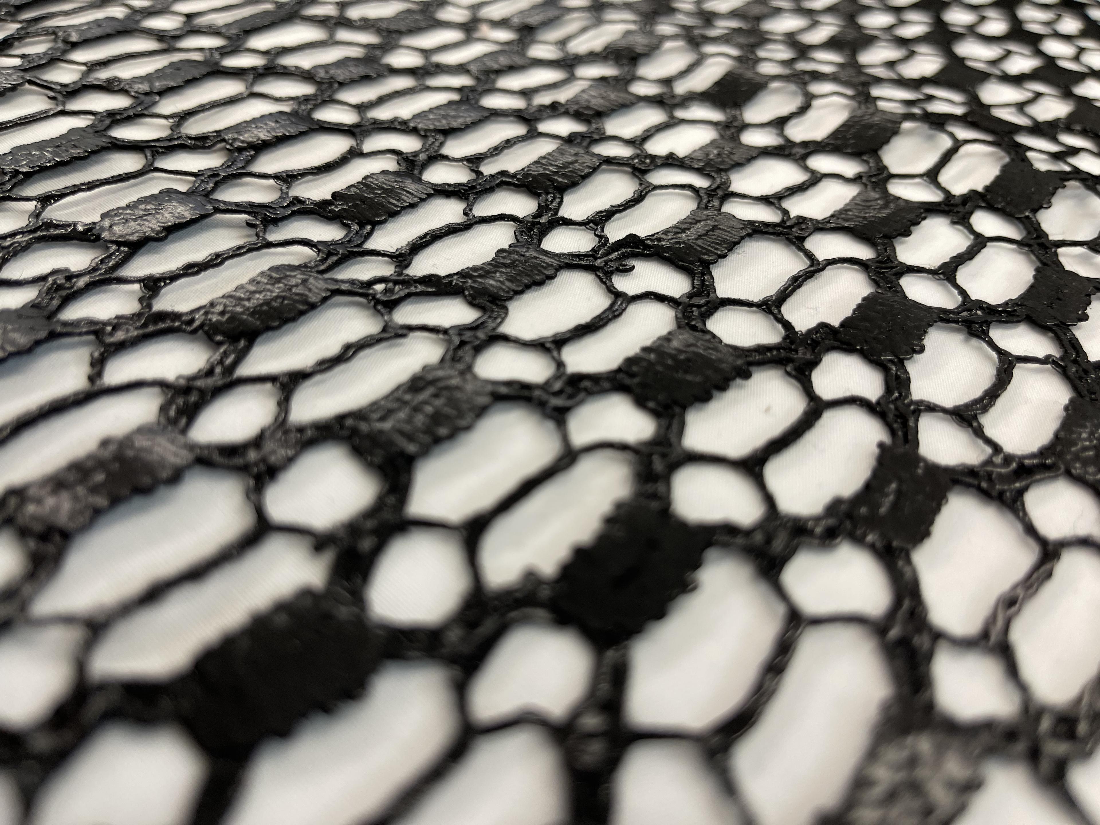 French Leather Look Guipure Lace with Half Inch Rectangles and Spider Web Pattern in Black.