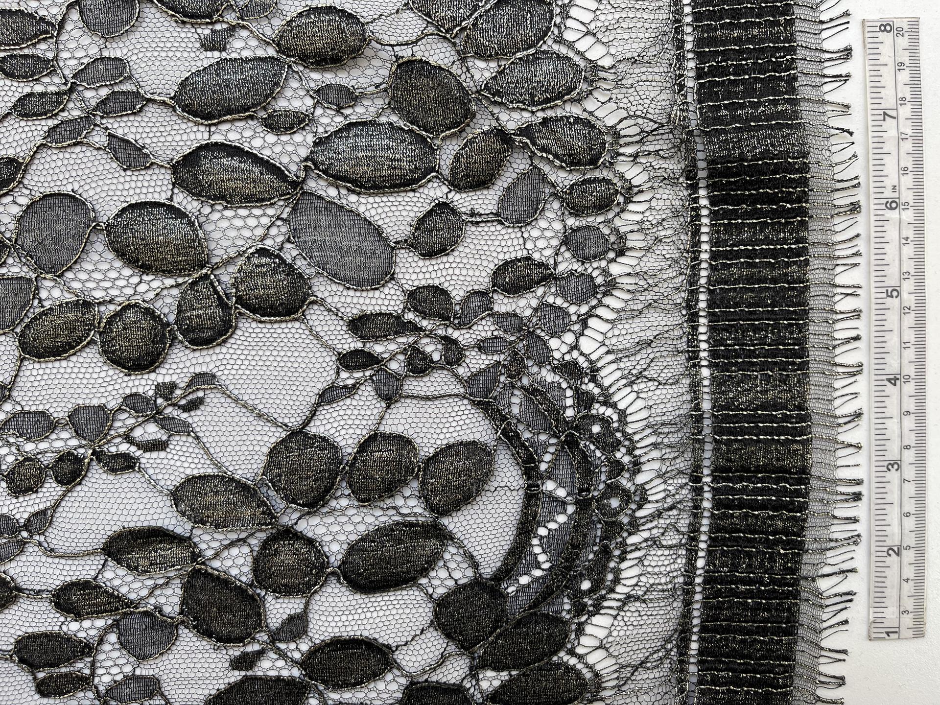 Made in France Pewter Metallic Painted Black Chantilly Lace of "Black Locust Leaf" Pattern