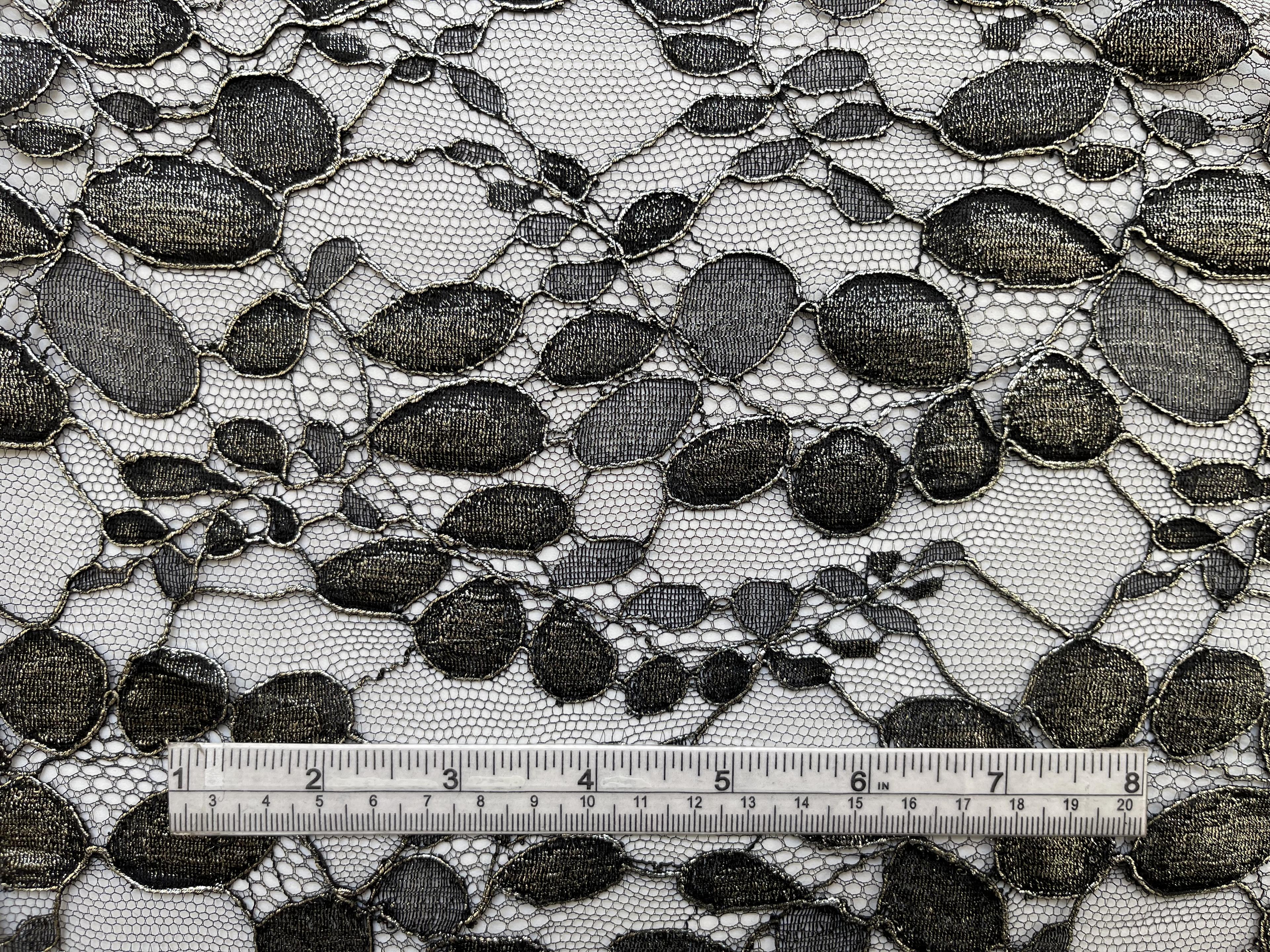 Made in France Pewter Metallic Painted Black Chantilly Lace of "Black Locust Leaf" Pattern