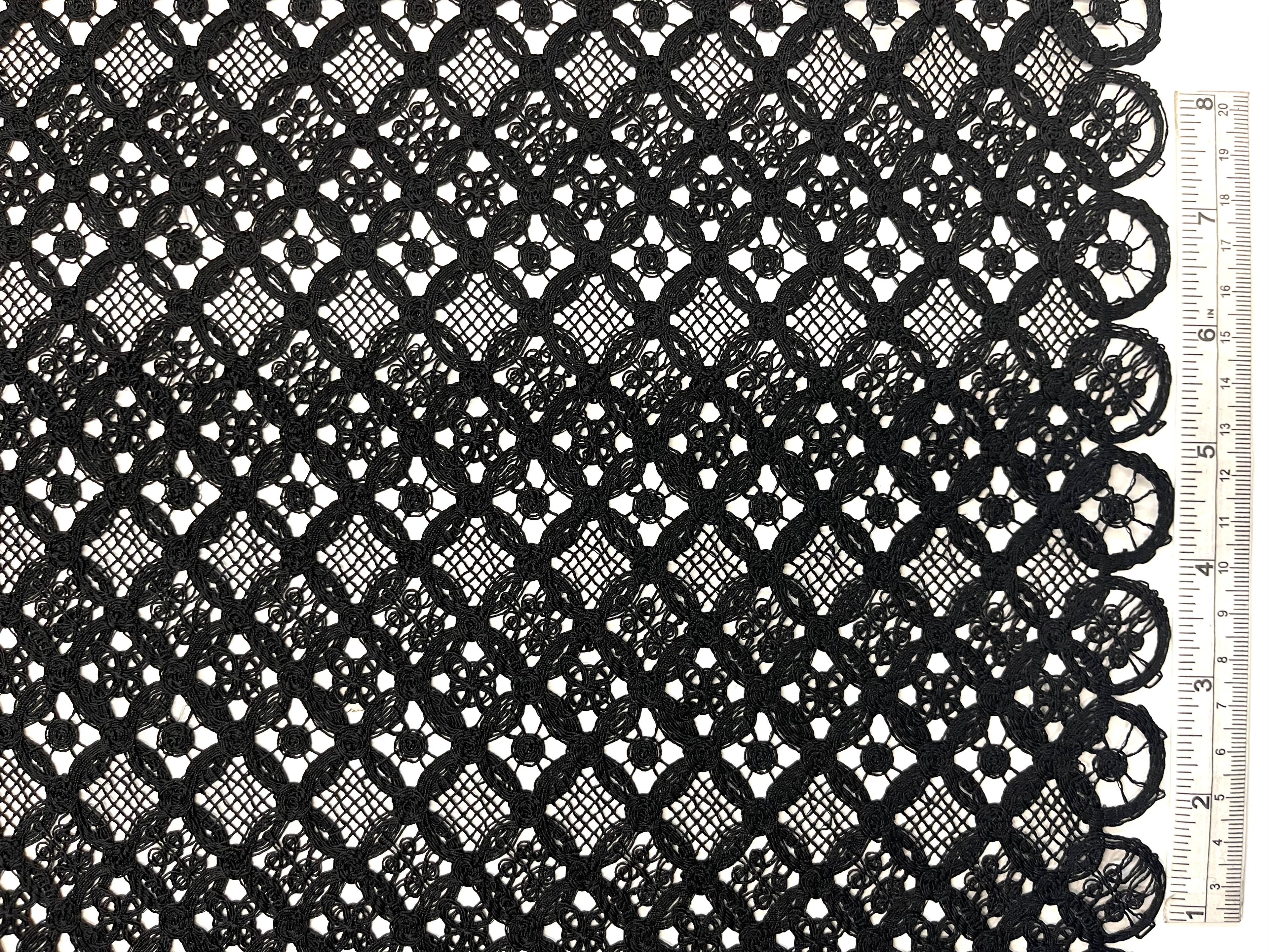 Double Scalloped Embroidered Lace in Circular Chain Link Pattern in Black