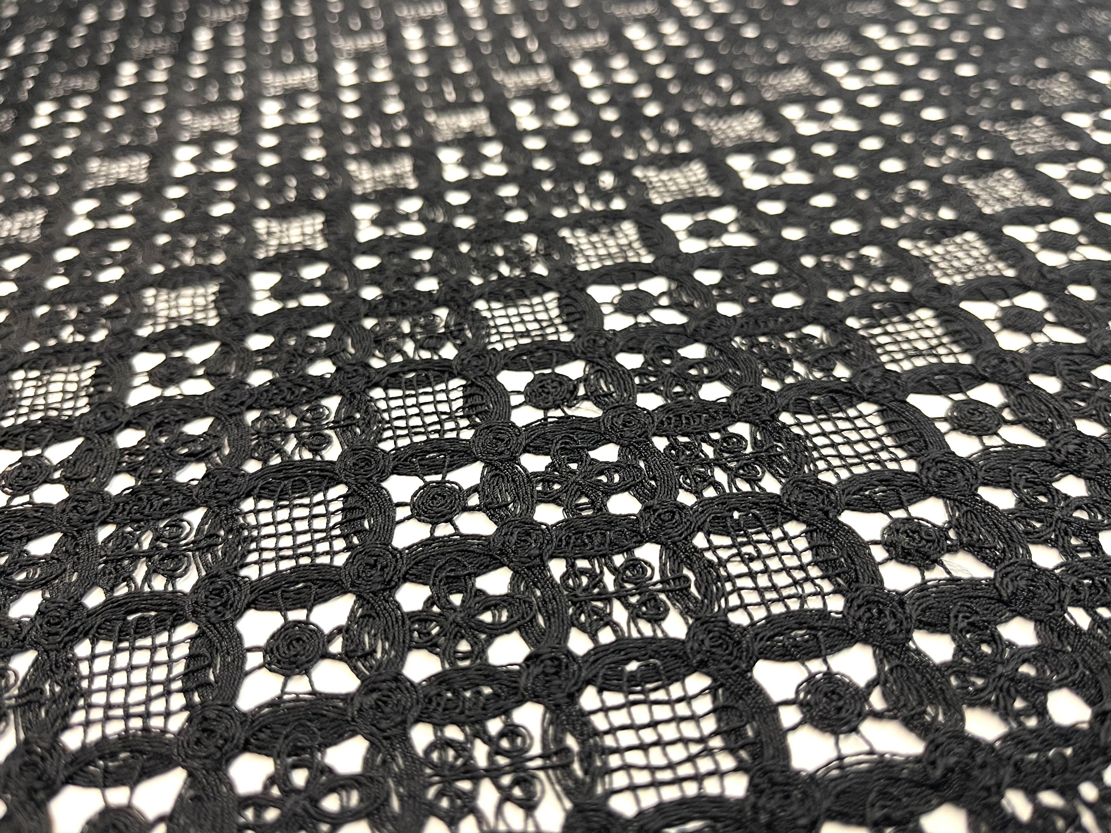 Double Scalloped Embroidered Lace in Circular Chain Link Pattern in Black