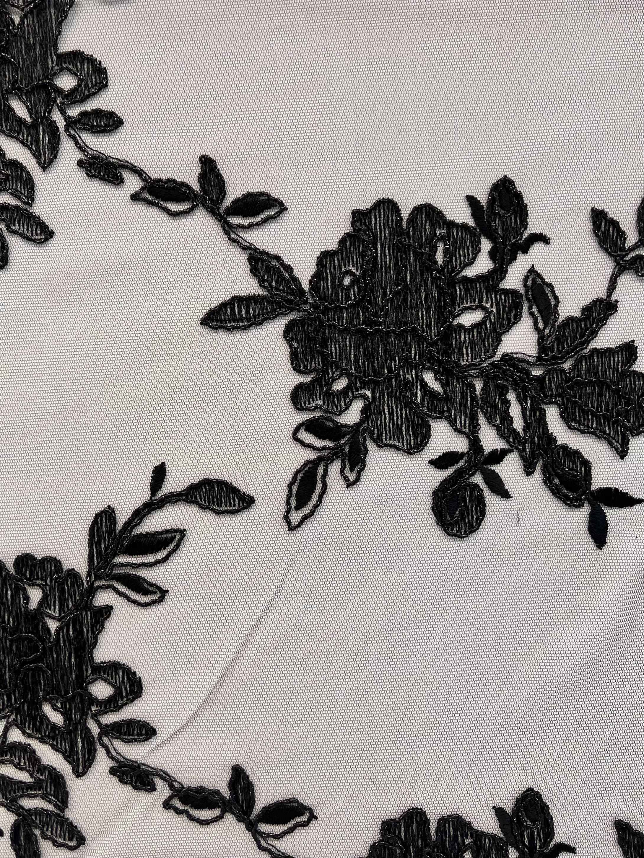 Embroidered Metallic Soutache on Tulle in Black