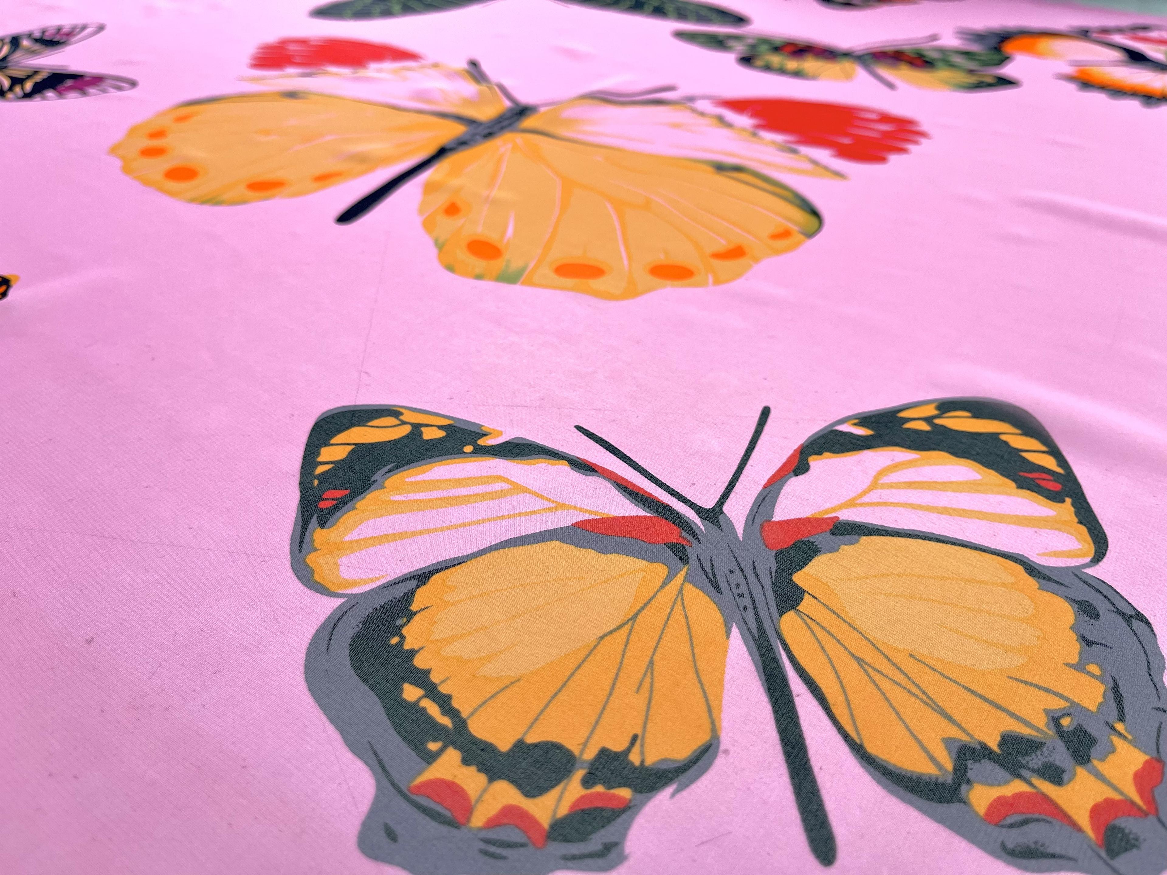 Silk Chiffon with Multicolor Butterflies Print On Pink Background