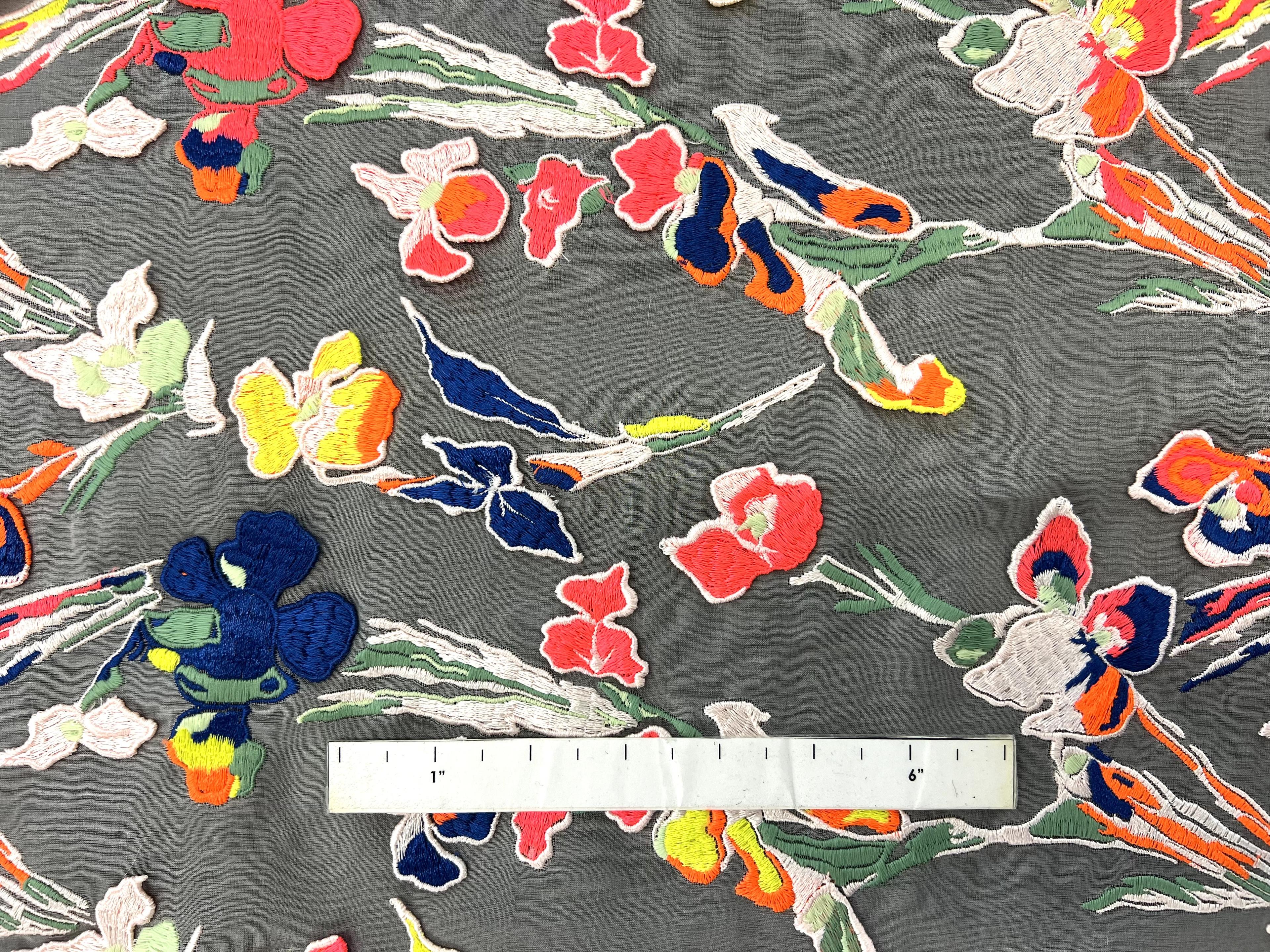 3 D Flowers Embroidered Pink Silk Organza in Multi Neon Colors