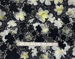 100% Silk Crepe De Chine Floral Print In Light Grey/Yellow On Black
