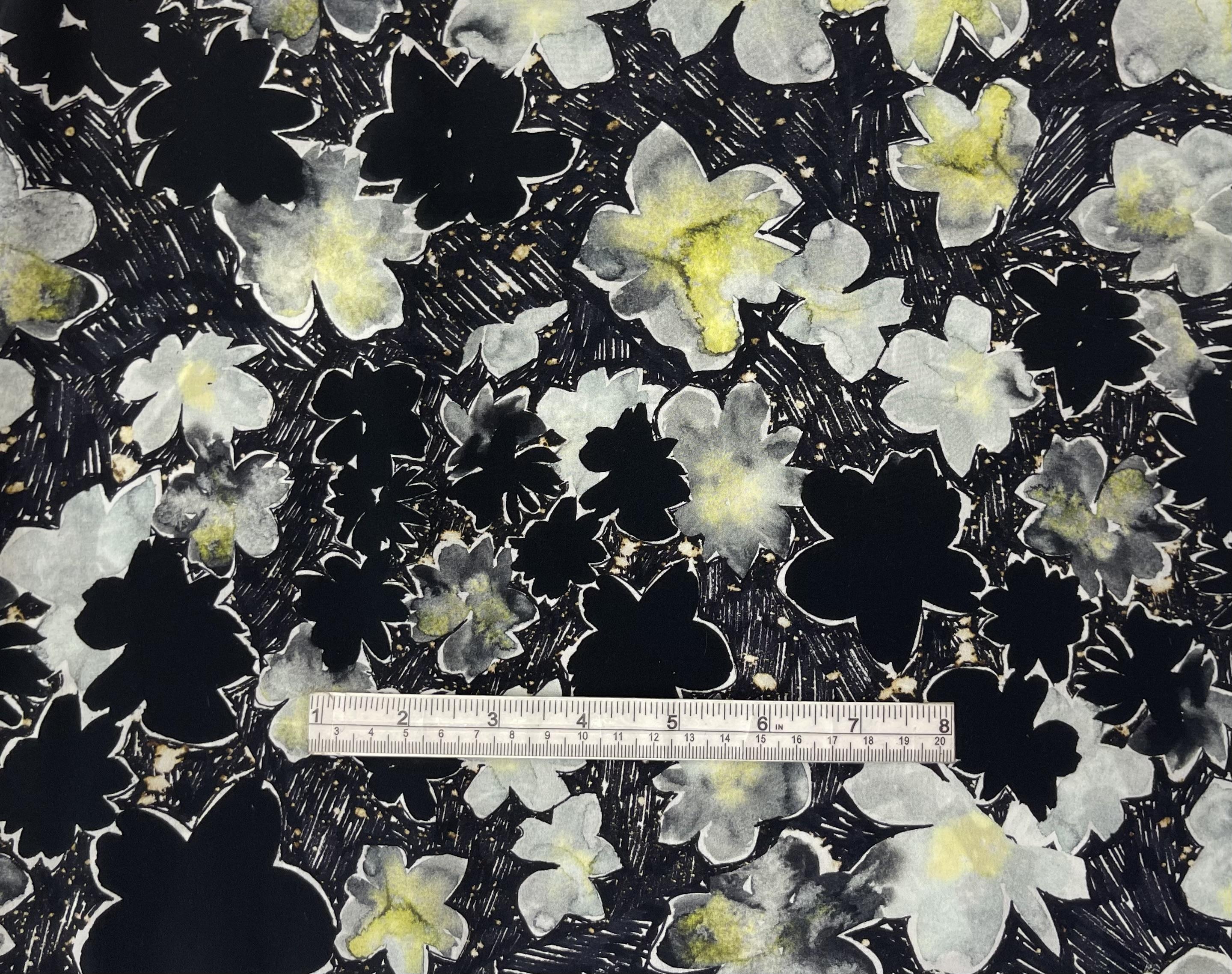 100% Silk Crepe De Chine Floral Print In Light Grey/Yellow On Black