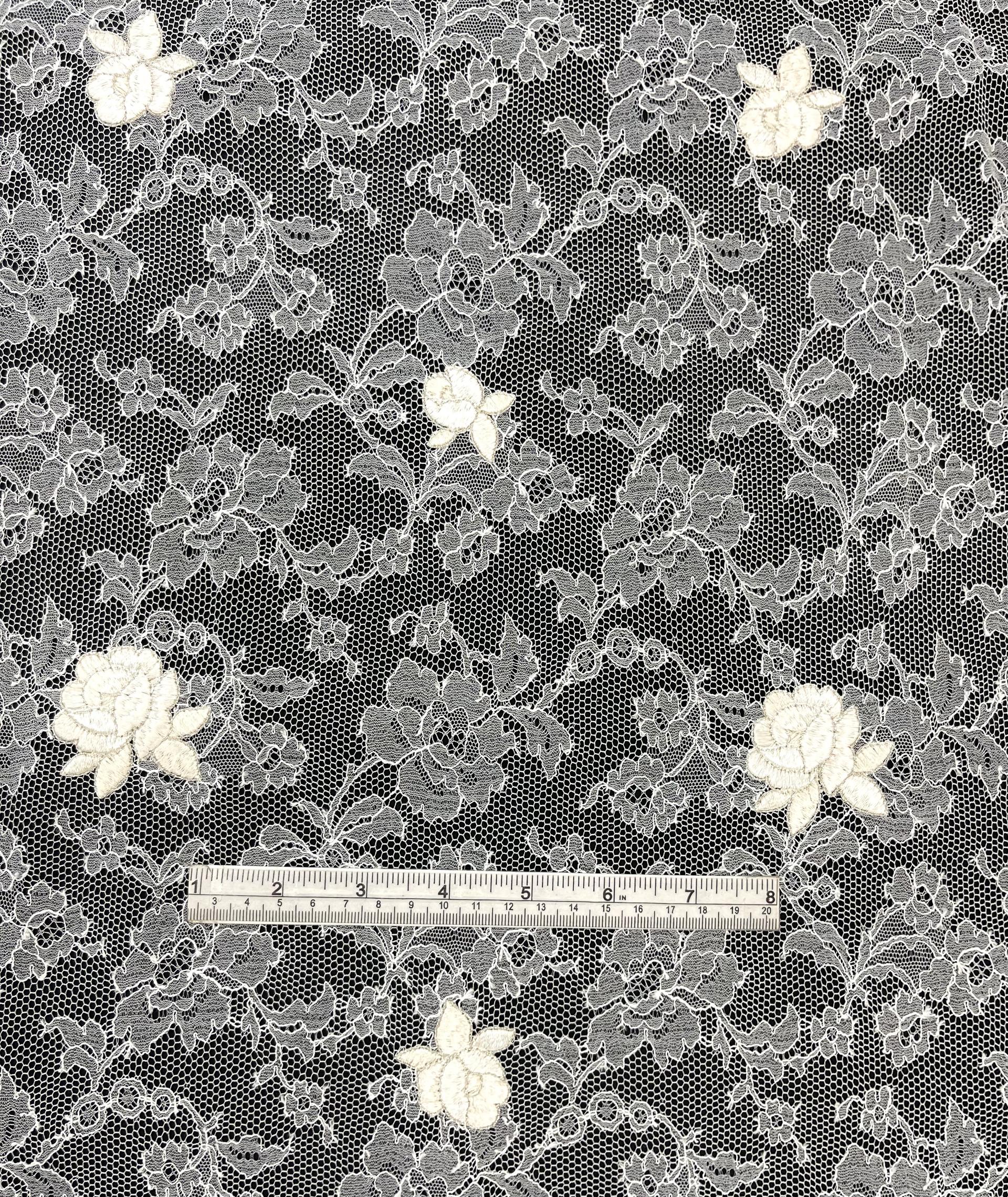Made in France Embroidered Chantilly Lace in Diamond White Fabric in Warehouse